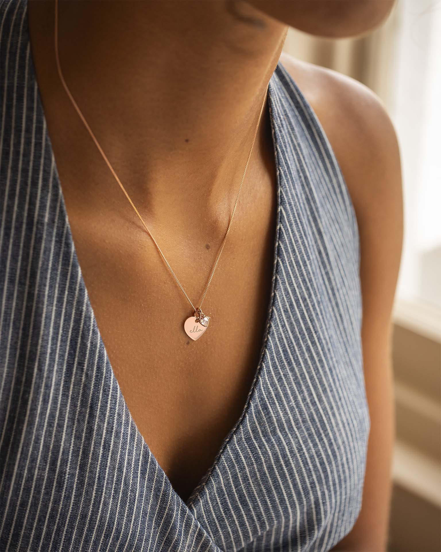 Rose Gold Esme Heart and Heart Birthstone Personalised Name Necklace