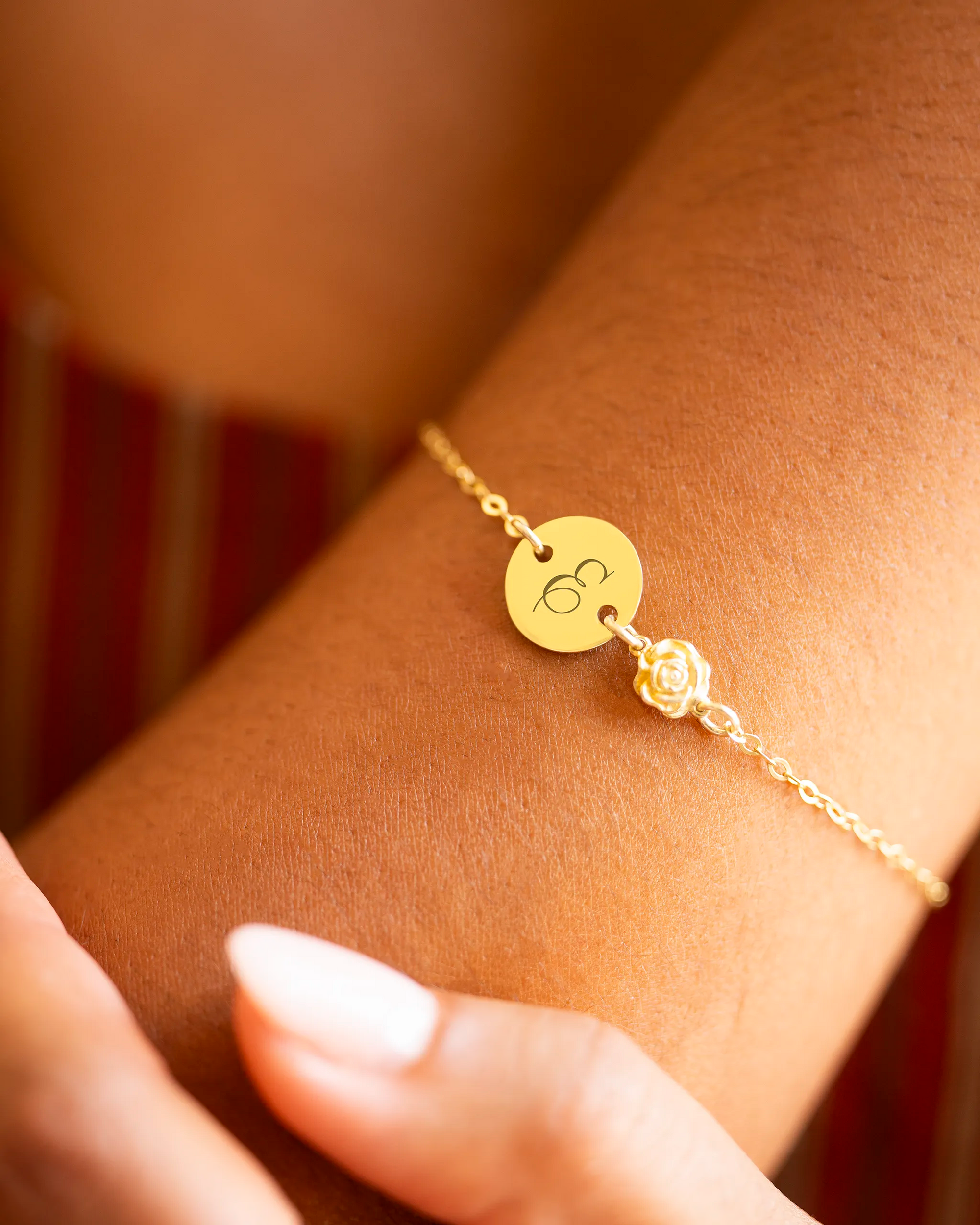 Gold Initial Disc and Birth Flower Personalised Bracelet