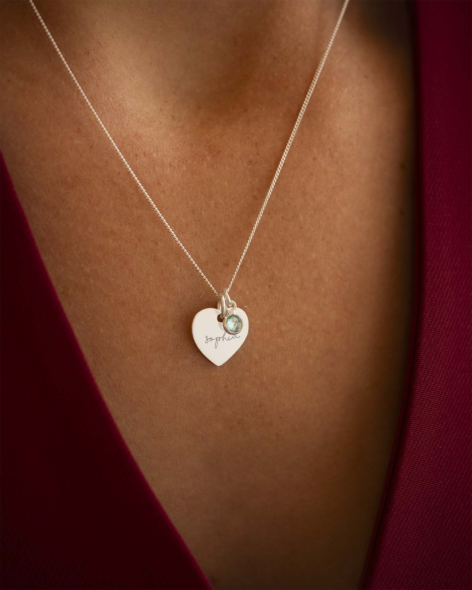 Silver Esme Heart and Birthstone Personalised Name Necklace