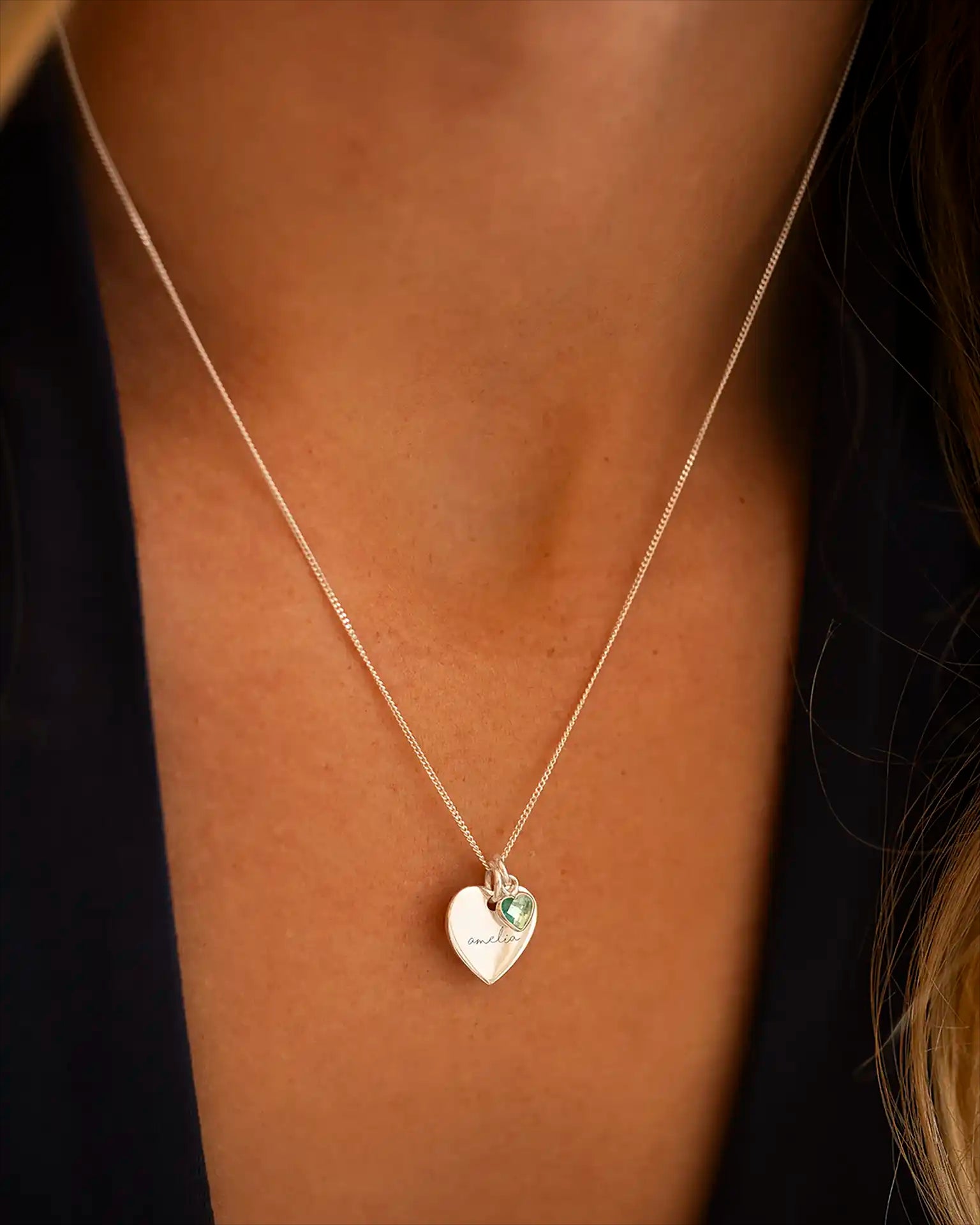Silver Esme Heart and Heart Birthstone Personalised Name Necklace