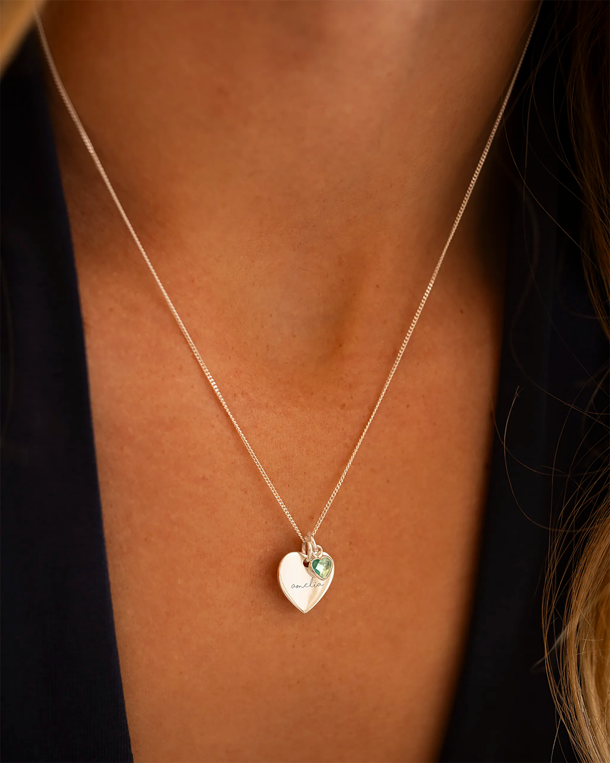 Silver Esme Heart and Heart Birthstone Personalised Name Necklace