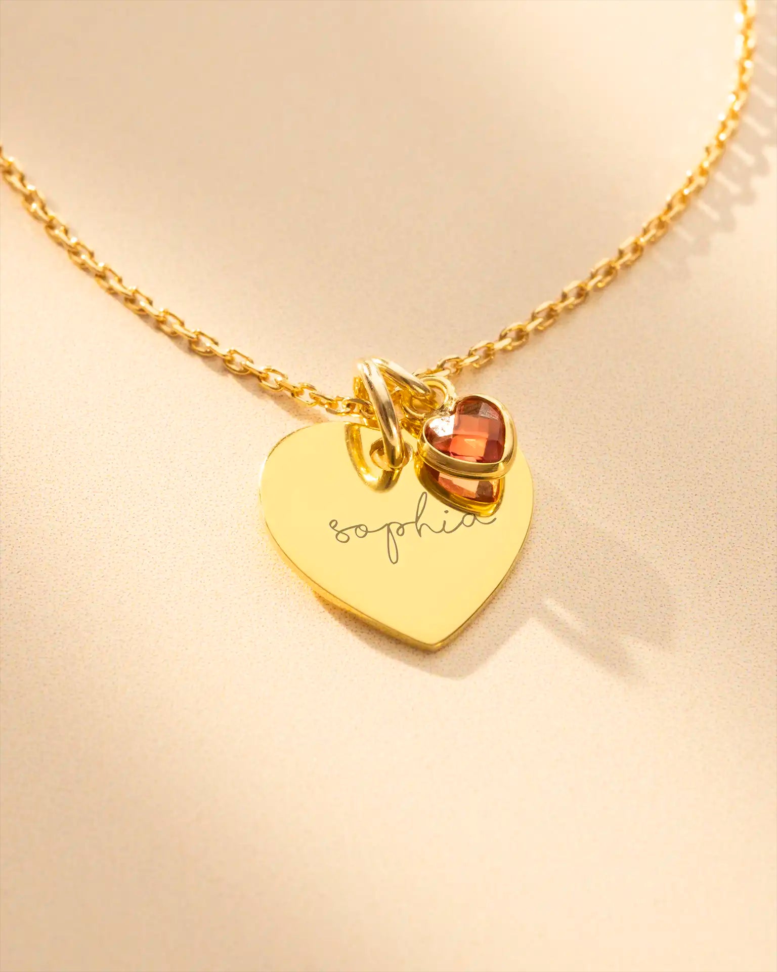 Gold Esme Heart and Heart Birthstone Personalised Name Necklace
