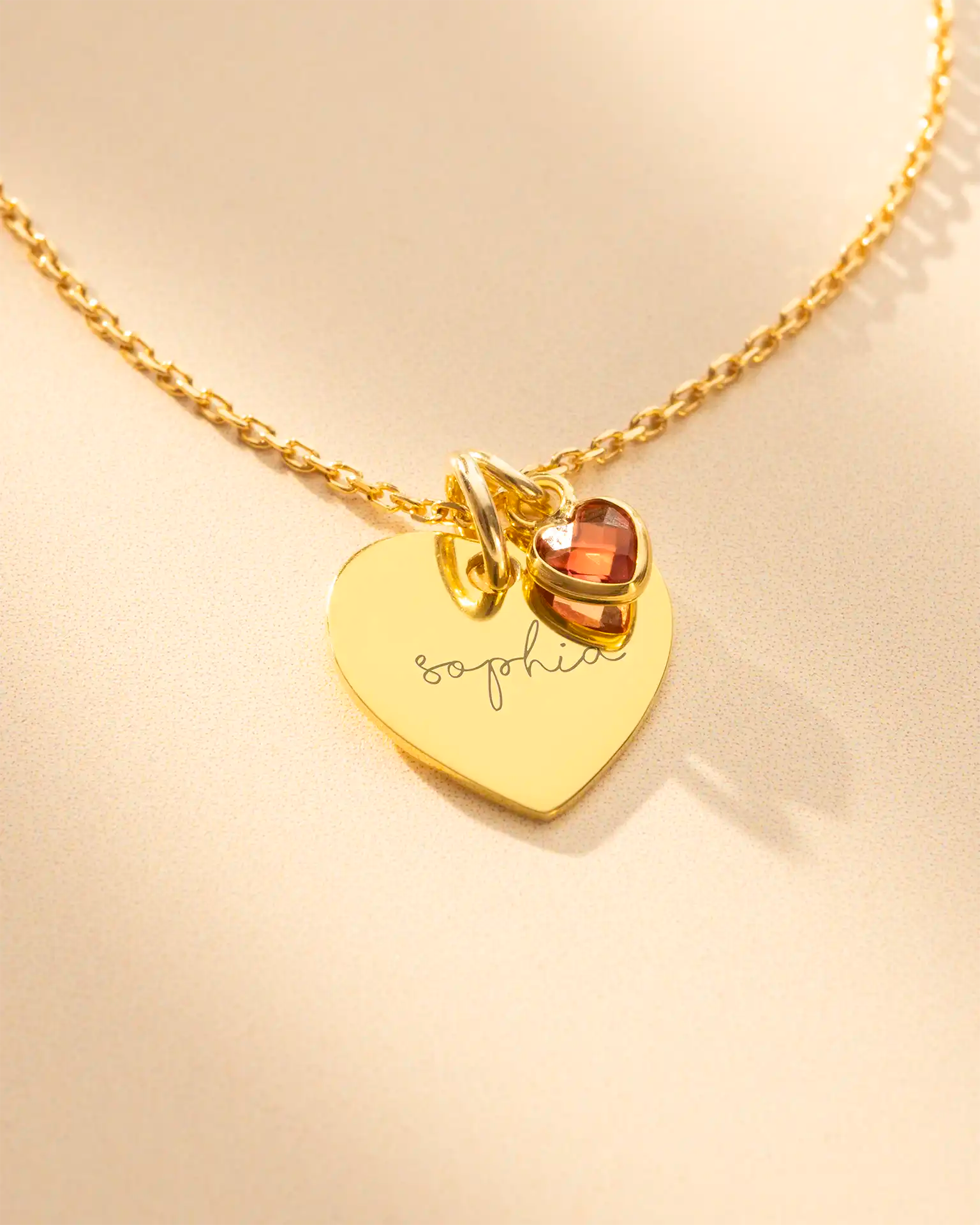 Gold Esme Heart and Heart Birthstone Personalised Name Necklace
