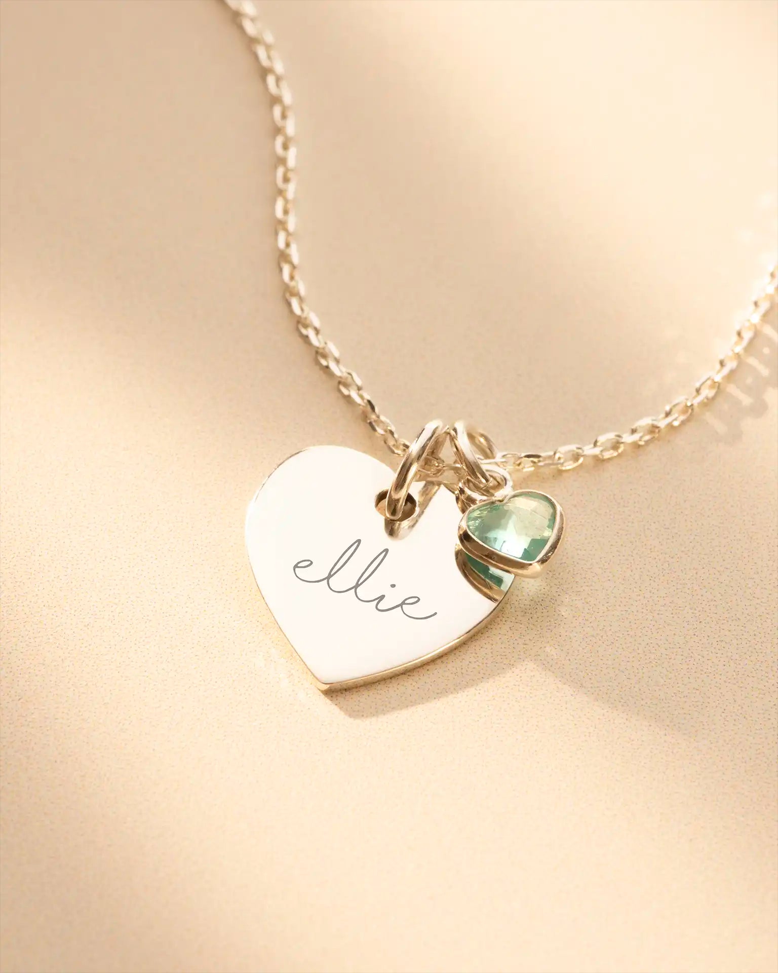 Silver Esme Heart and Heart Birthstone Personalised Name Necklace