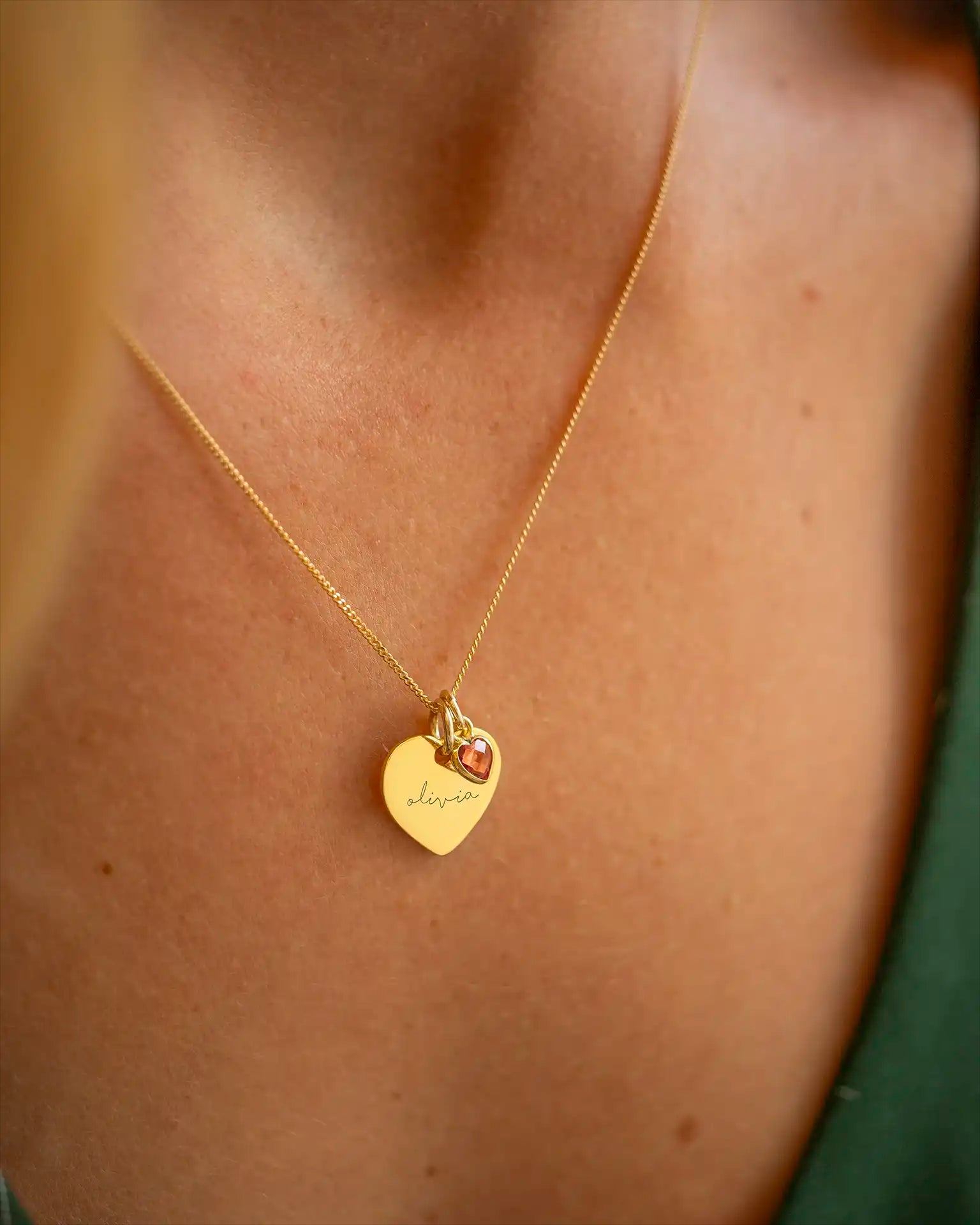 Gold Esme Heart and Heart Birthstone Personalised Name Necklace
