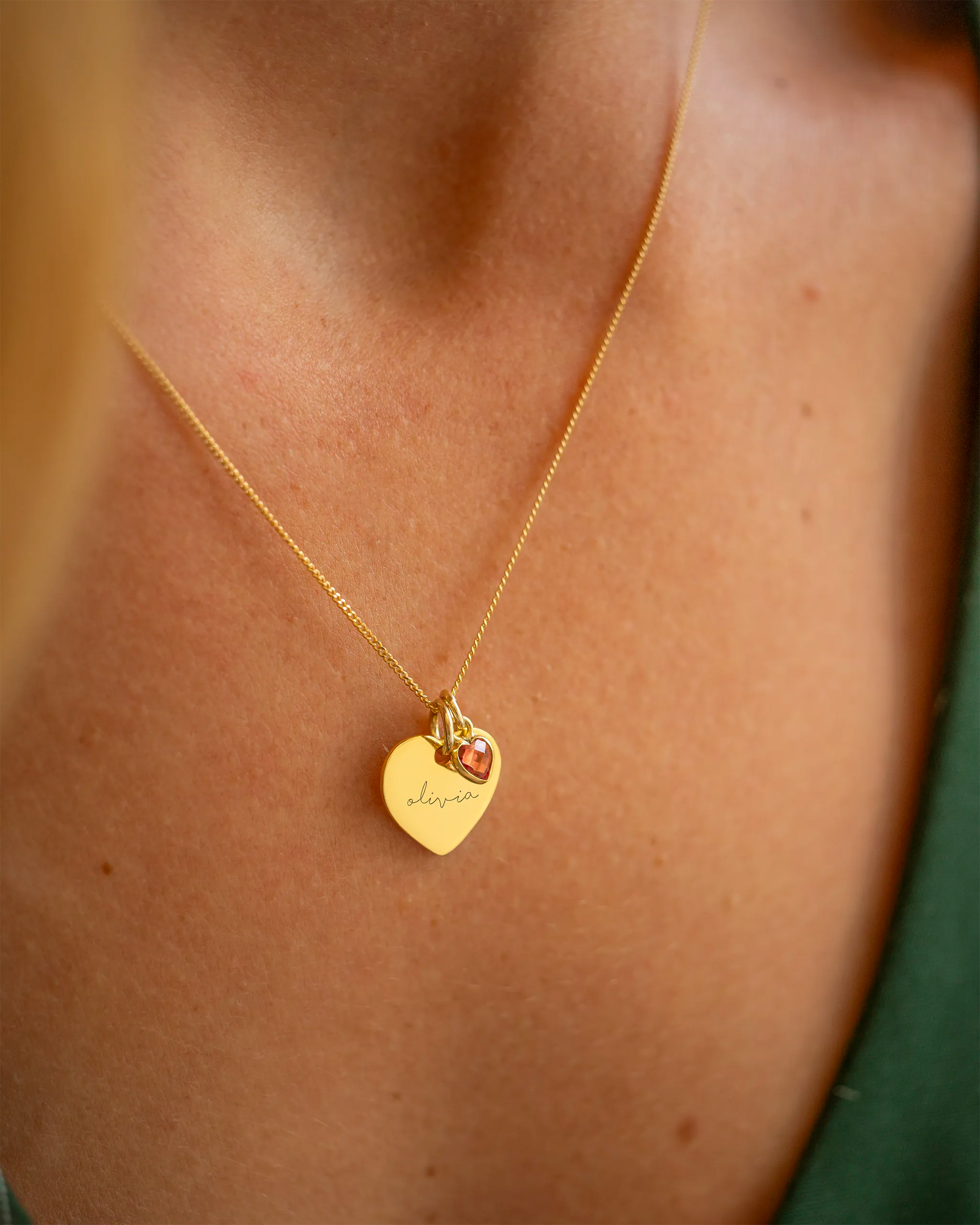 Gold Esme Heart and Heart Birthstone Personalised Name Necklace