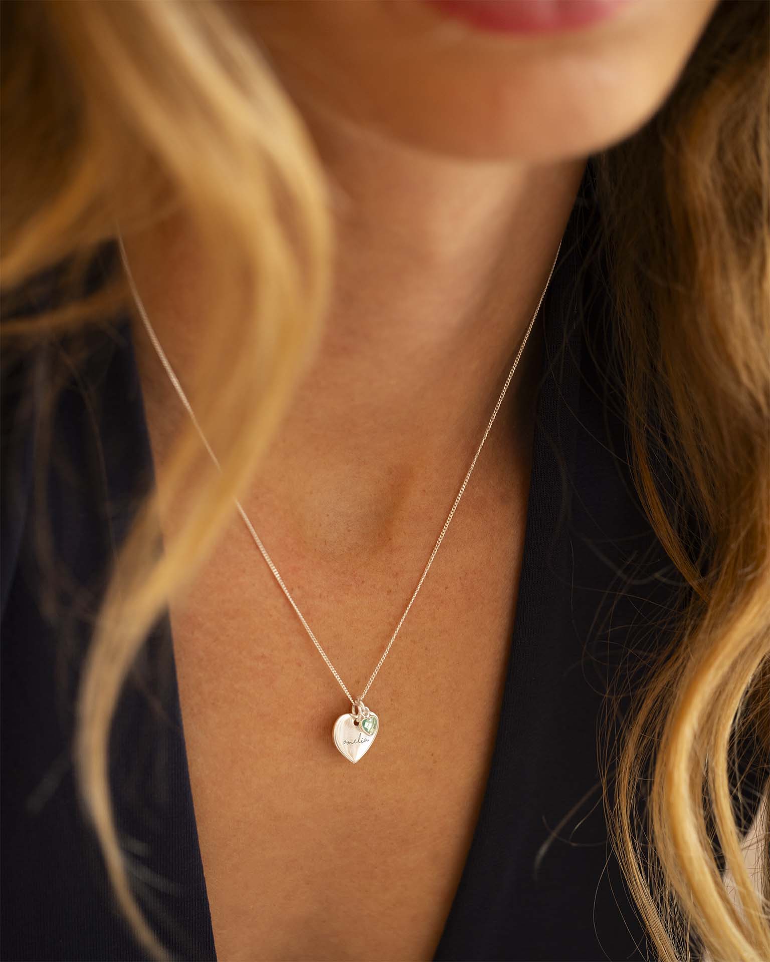 Silver Esme Heart and Heart Birthstone Personalised Name Necklace