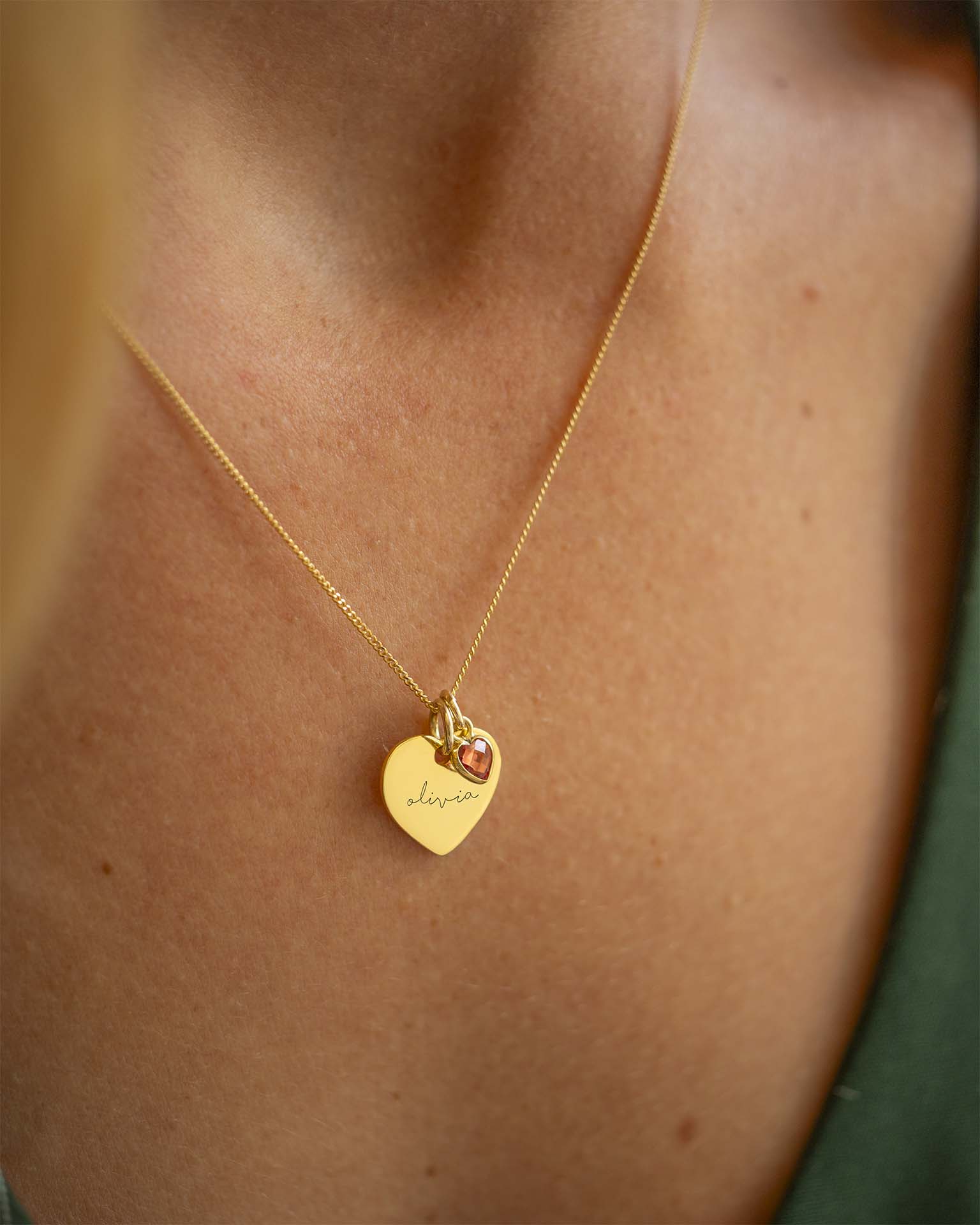 Gold Esme Heart and Heart Birthstone Personalised Name Necklace