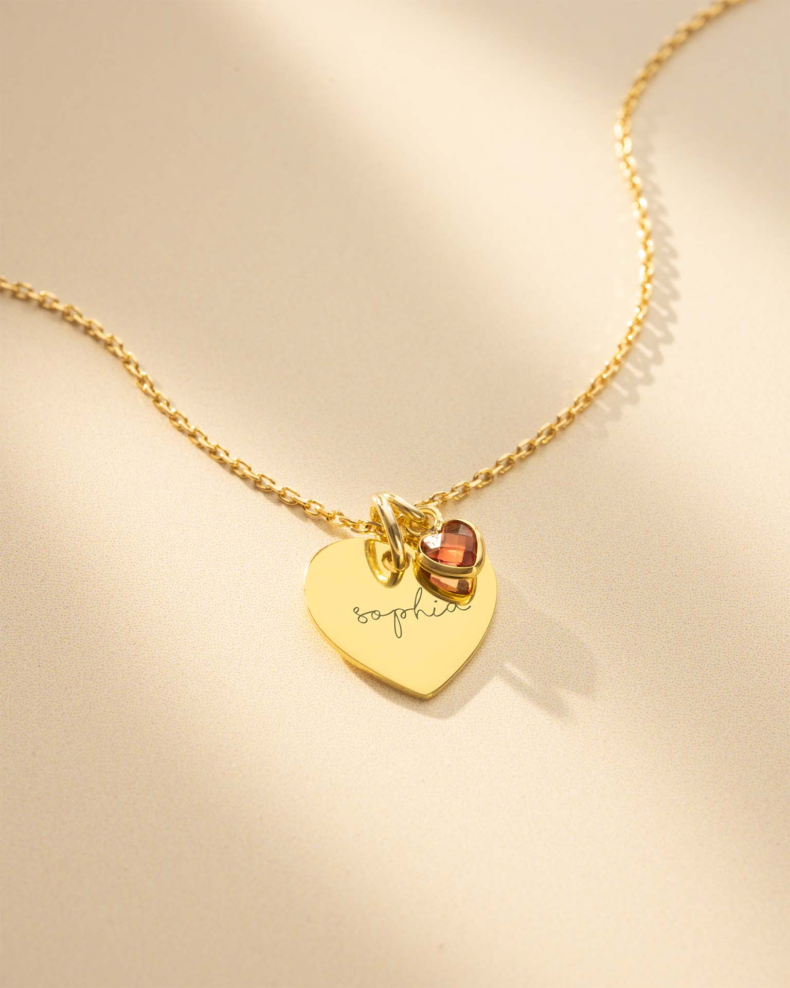 Gold Esme Heart and Heart Birthstone Personalised Name Necklace