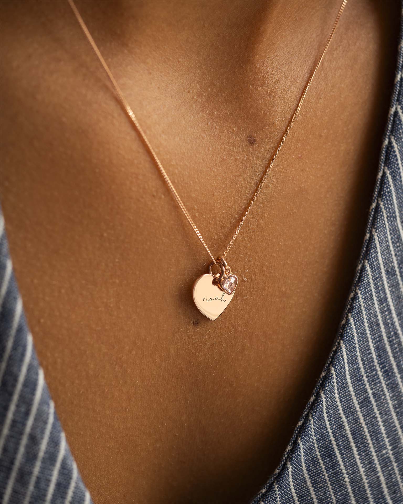 Rose Gold Esme Heart and Heart Birthstone Personalised Name Necklace