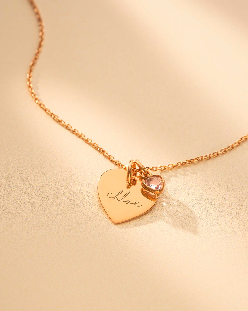 Rose Gold Esme Heart and Heart Birthstone Personalised Name Necklace