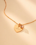 Rose Gold Esme Heart and Heart Birthstone Personalised Name Necklace