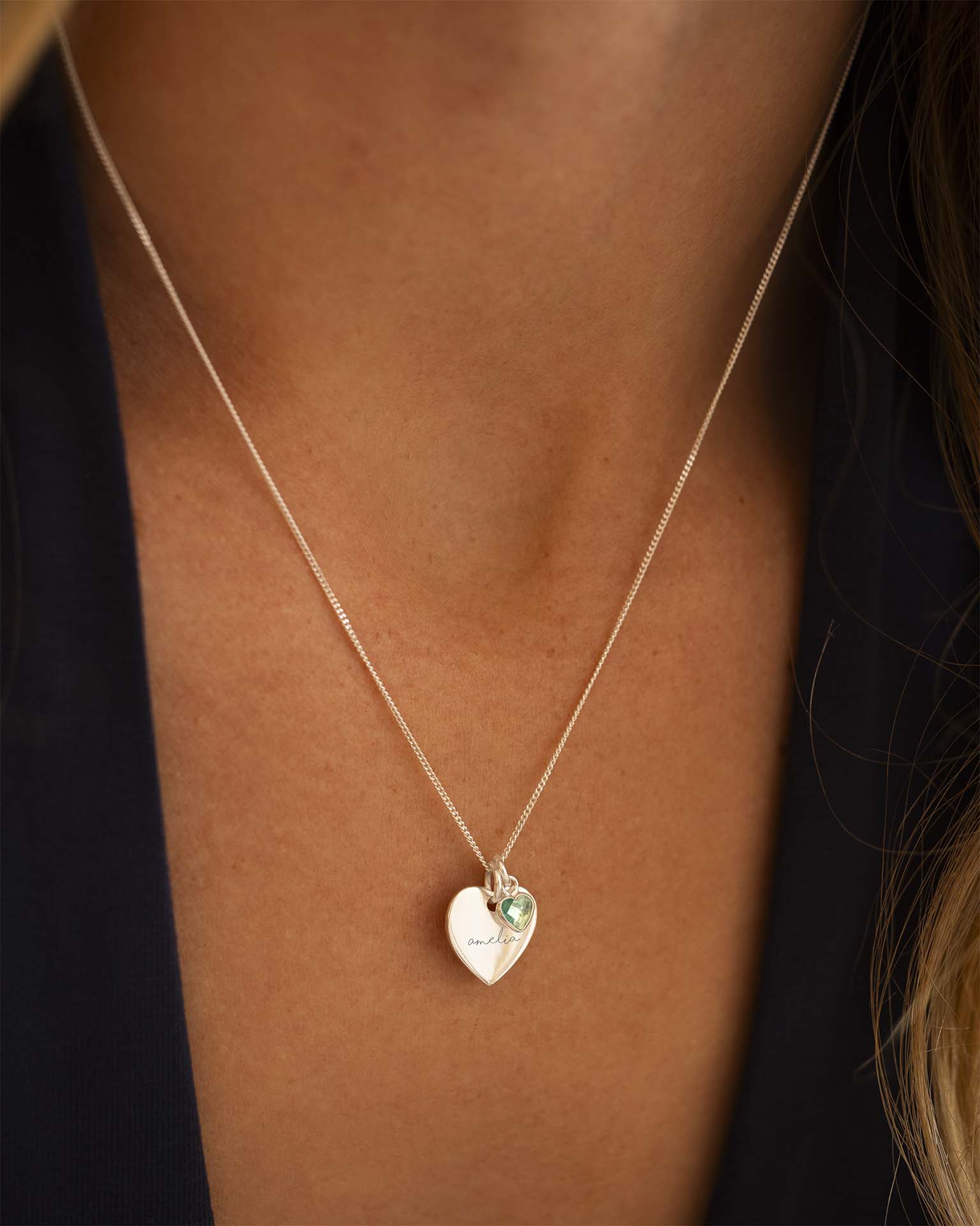 Silver Esme Heart and Heart Birthstone Personalised Name Necklace