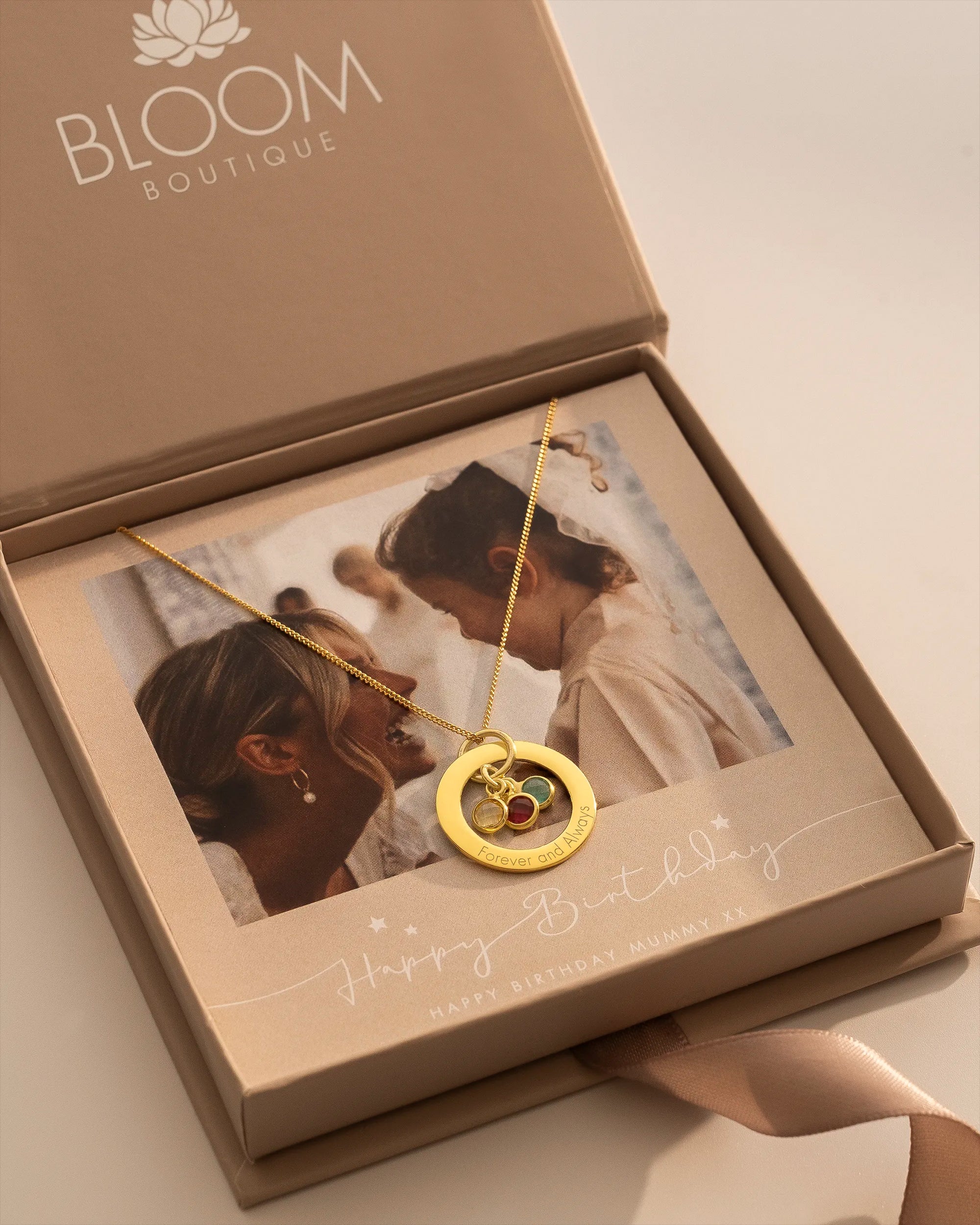 Gold family necklace with photo gift card