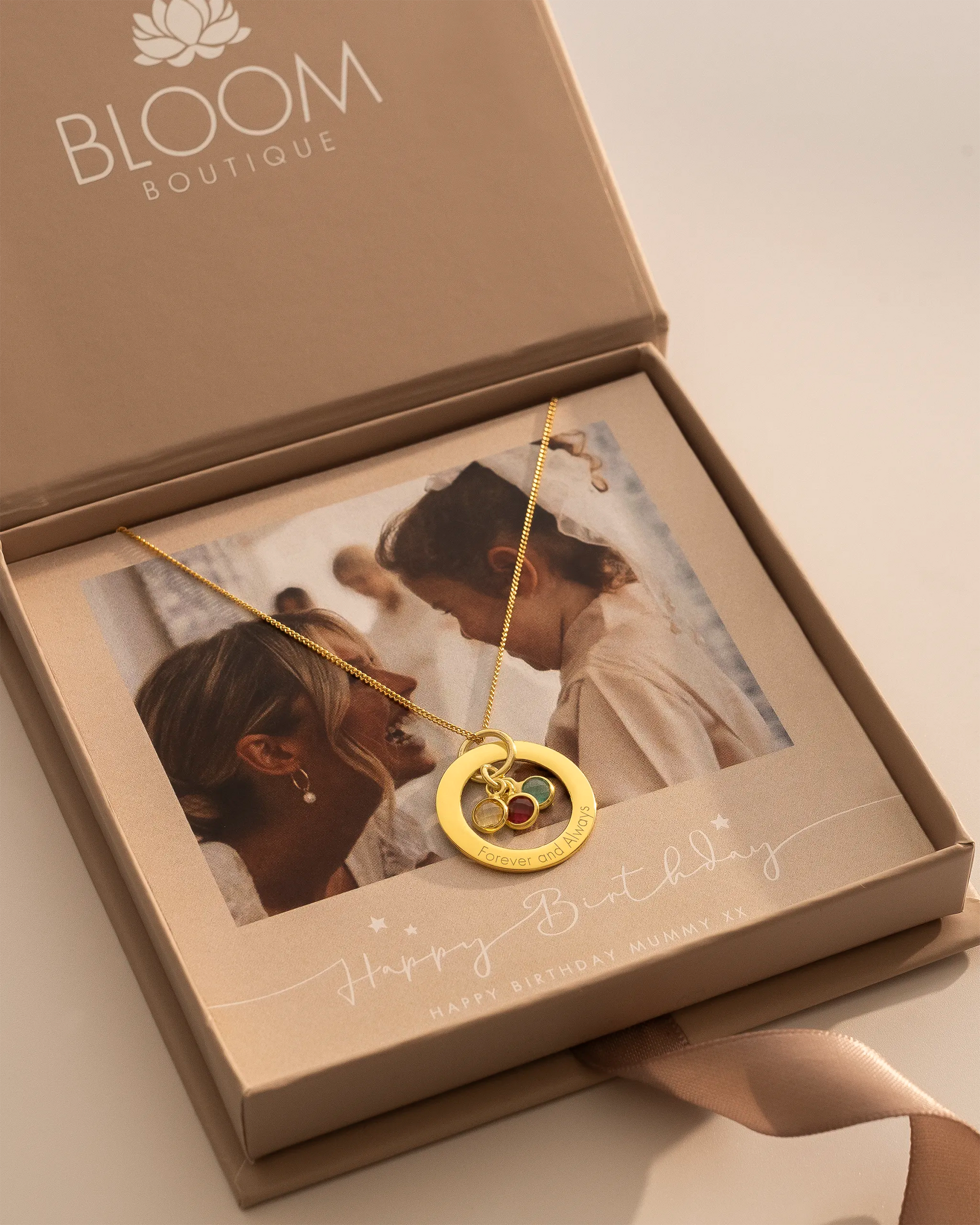 Gold Family Eternal Ring and Birthstone Personalised Necklace