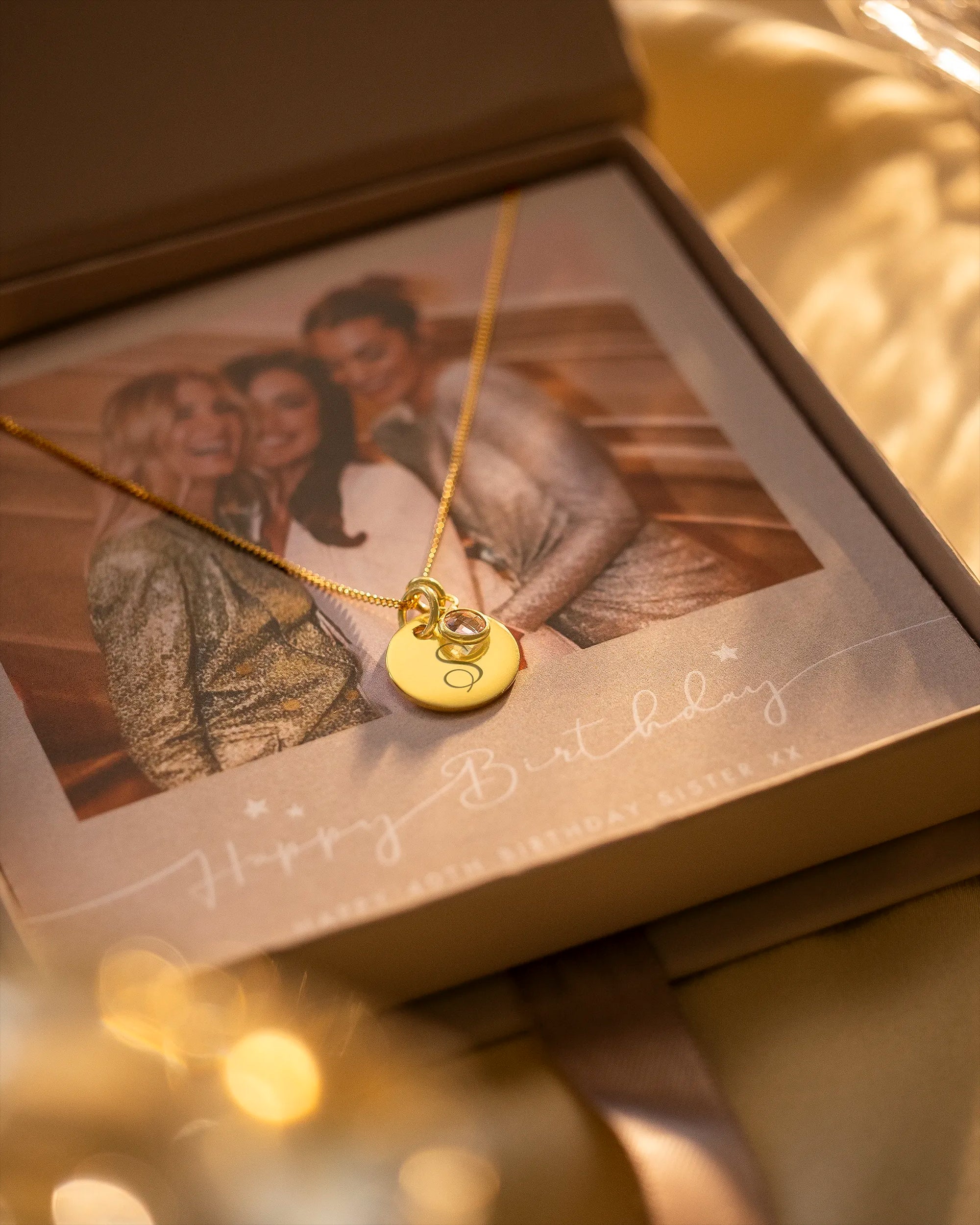 Gold necklace with photo gift card