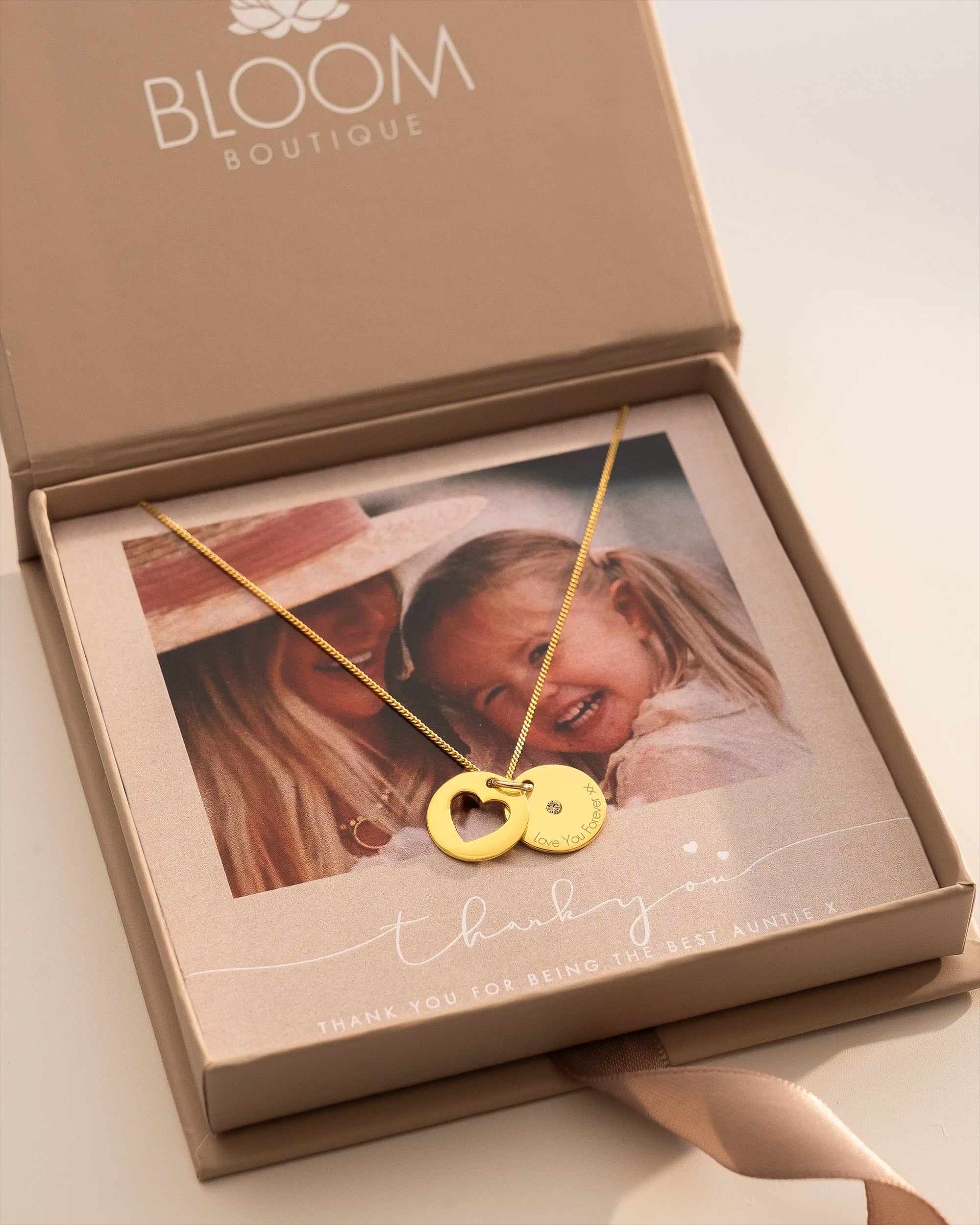 Gold heart and disc necklace with photo gift card