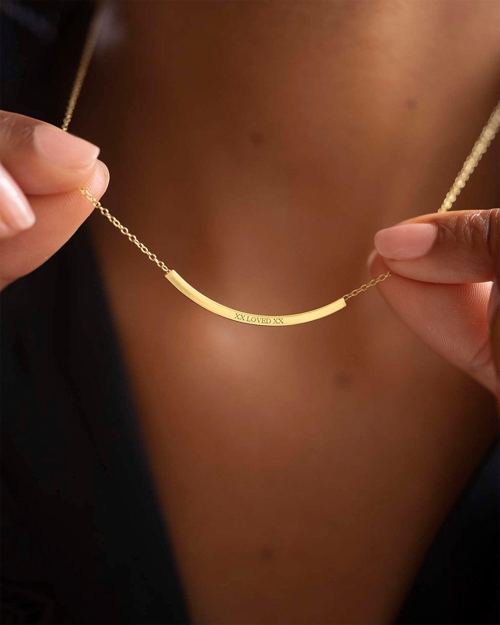 Gold Curved Skinny Bar Message Personalised Necklace