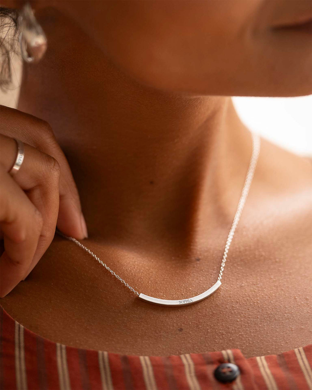 Silver Curved Skinny Bar Message Personalised Necklace