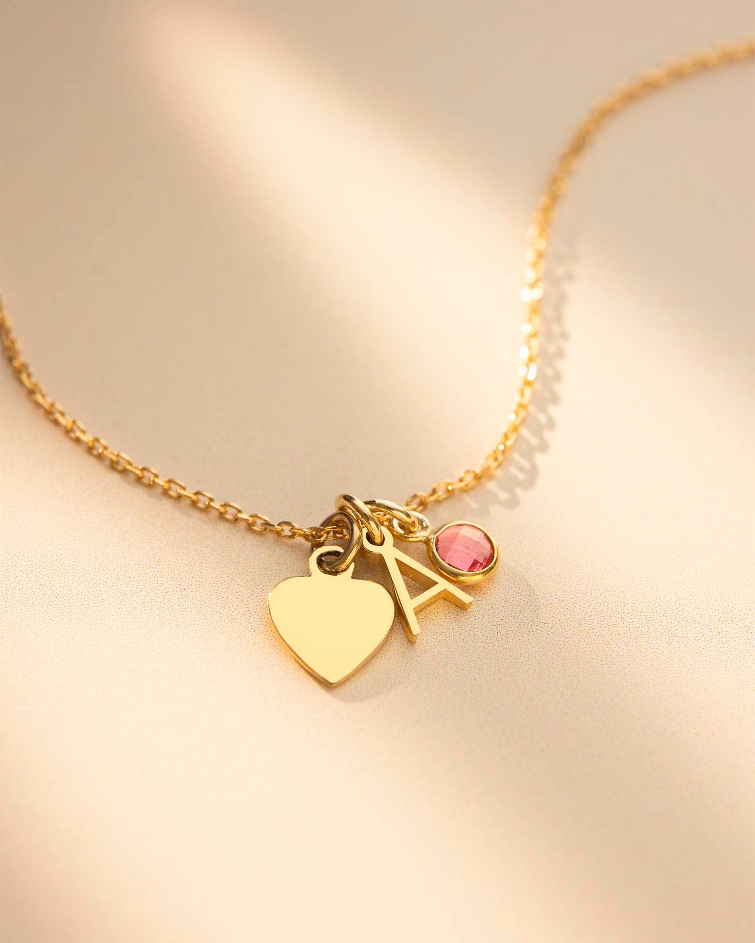 Gold Heart, Mini Letter and Birthstone Personalised Necklace