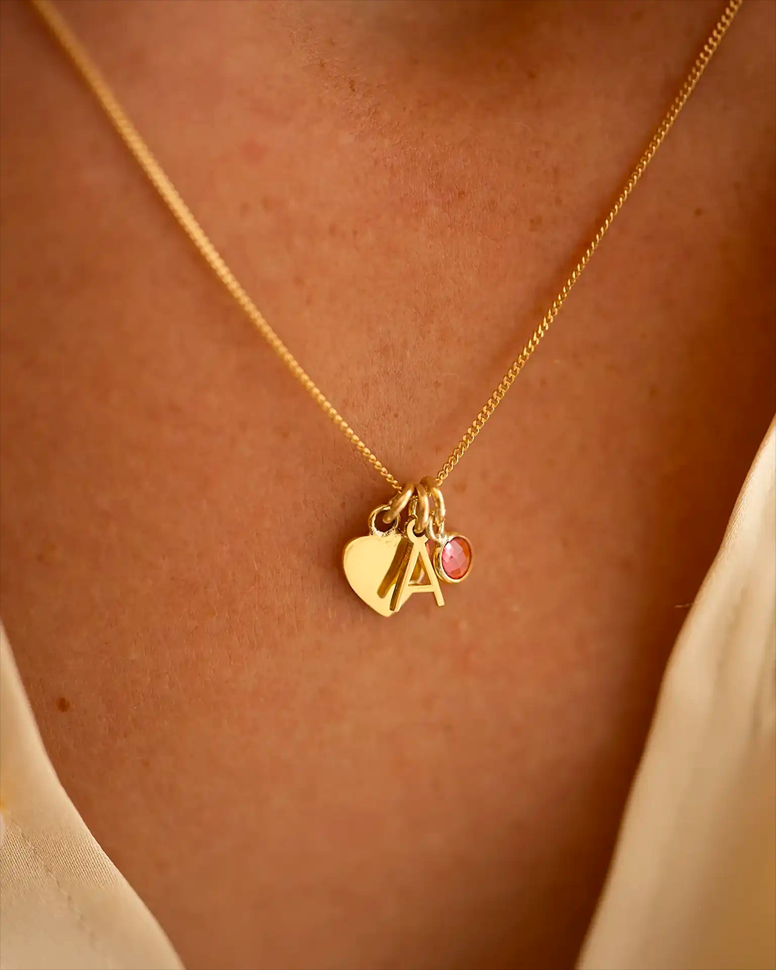 Gold Heart, Mini Letter and Birthstone Personalised Necklace