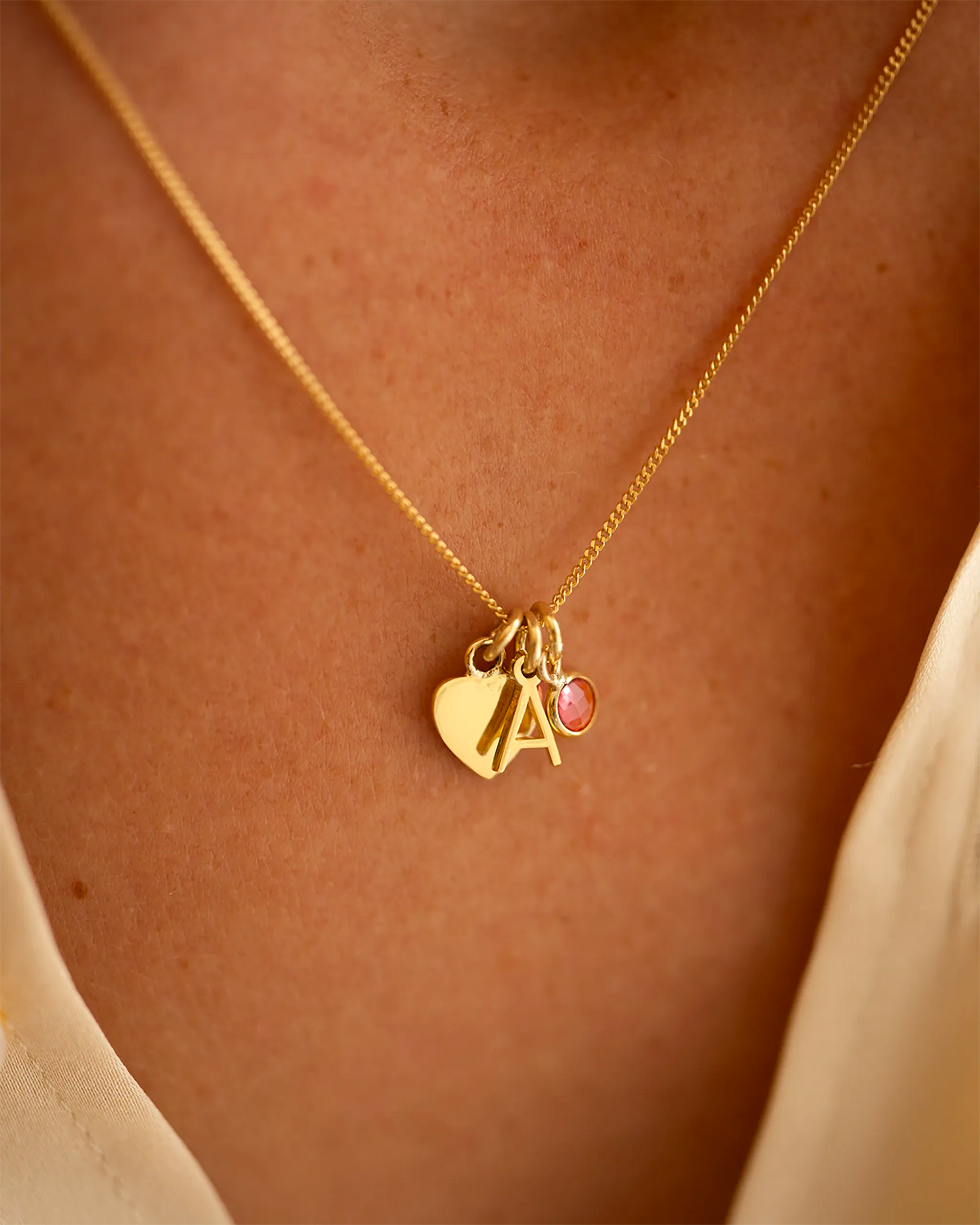 Gold Heart, Mini Letter and Birthstone Personalised Necklace