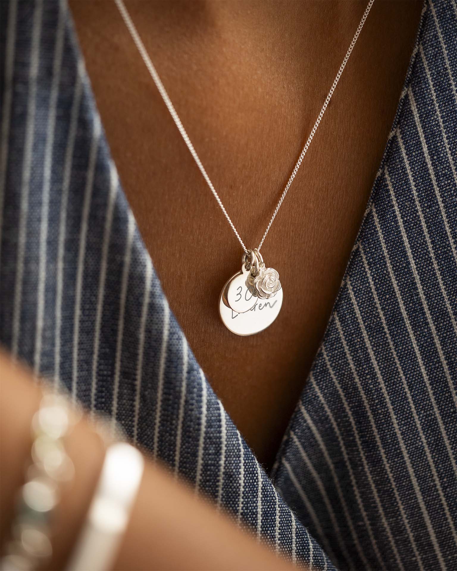 Silver Personalised Birthday Disc and Birth Flower Necklace