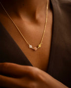 Gold necklace with star and rose pendant on a person wearing a brown garment. | Christmas