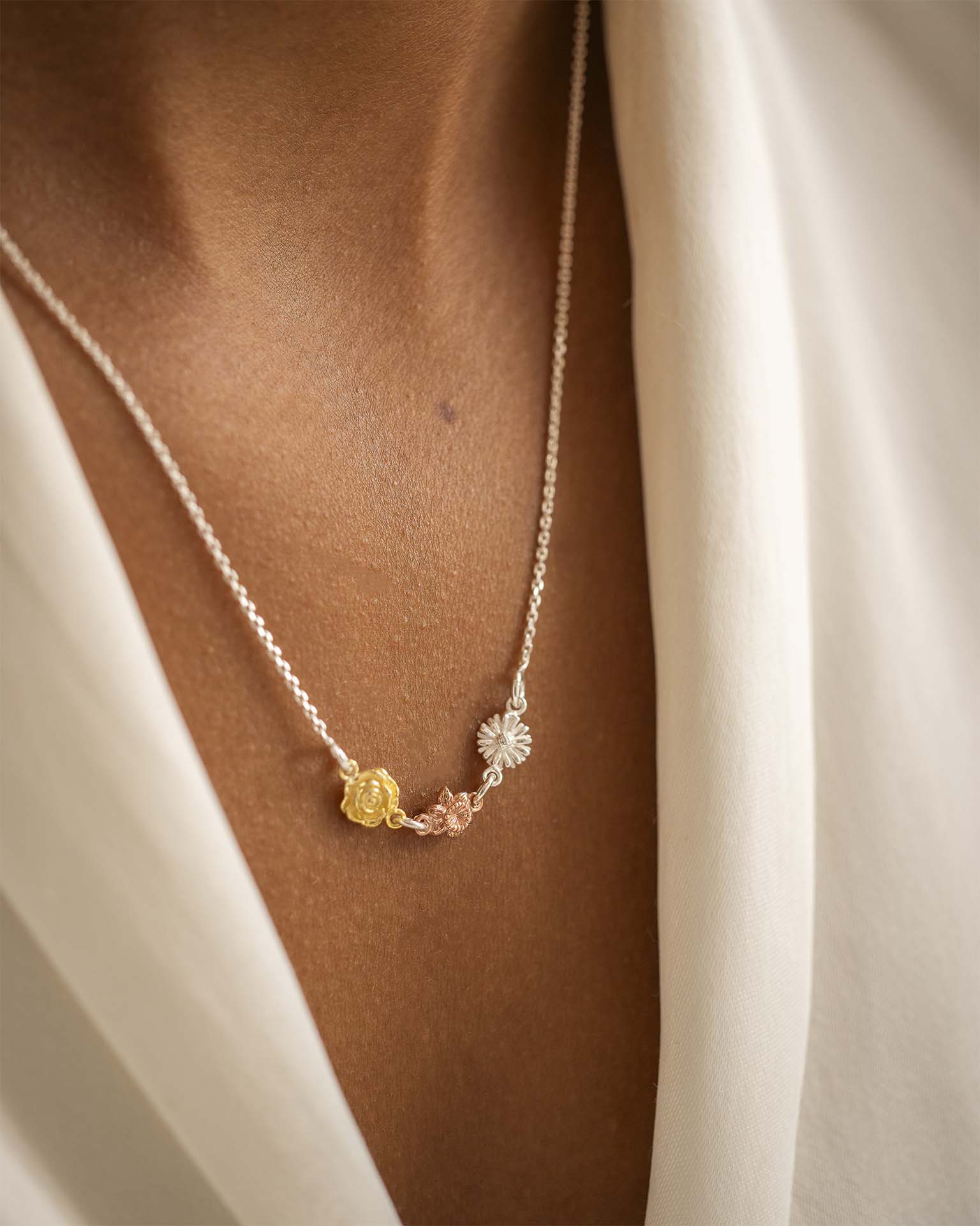 Silver Mixed Metal Family Birth Flower Necklace