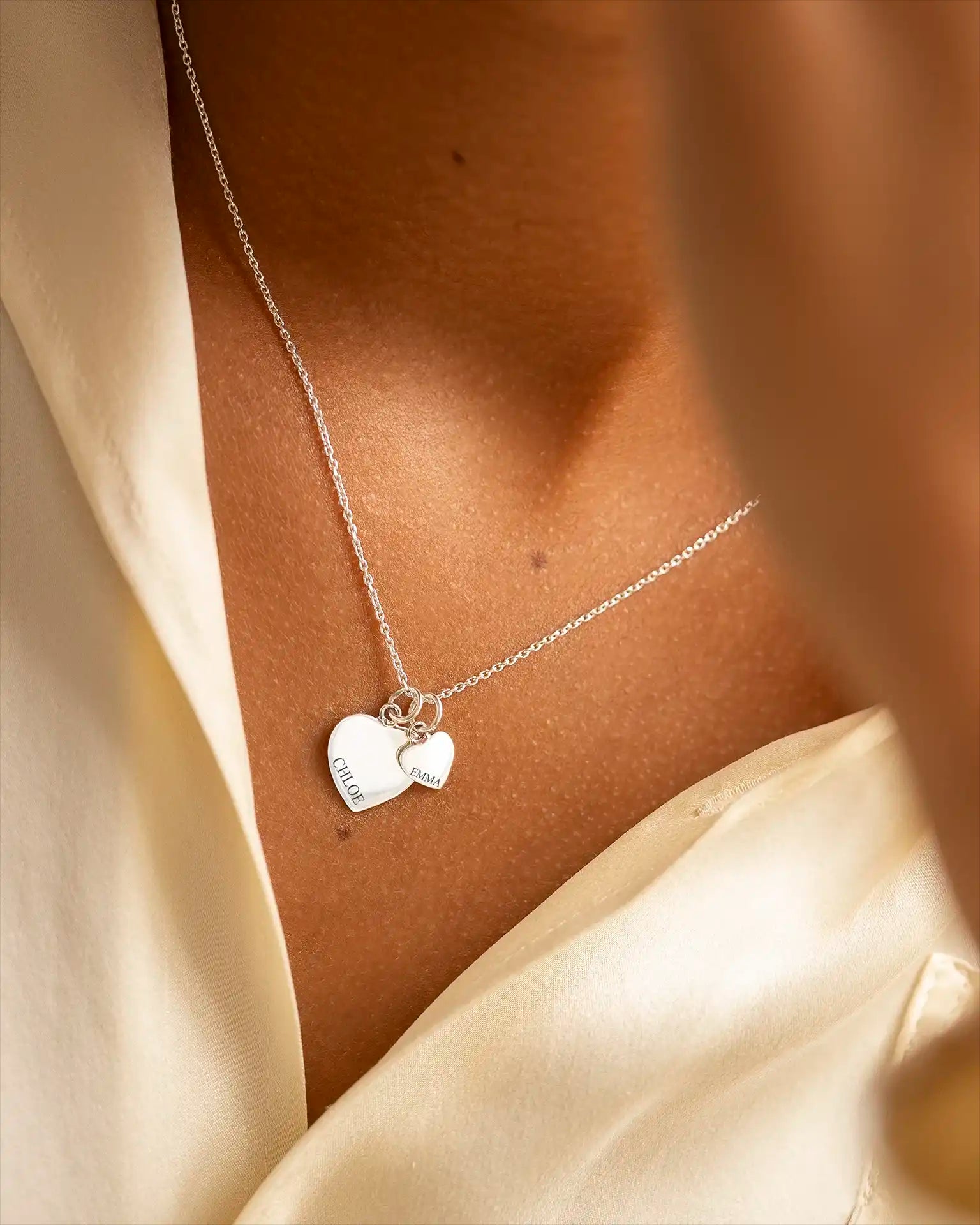 Silver Double Heart Charm Personalised Necklace