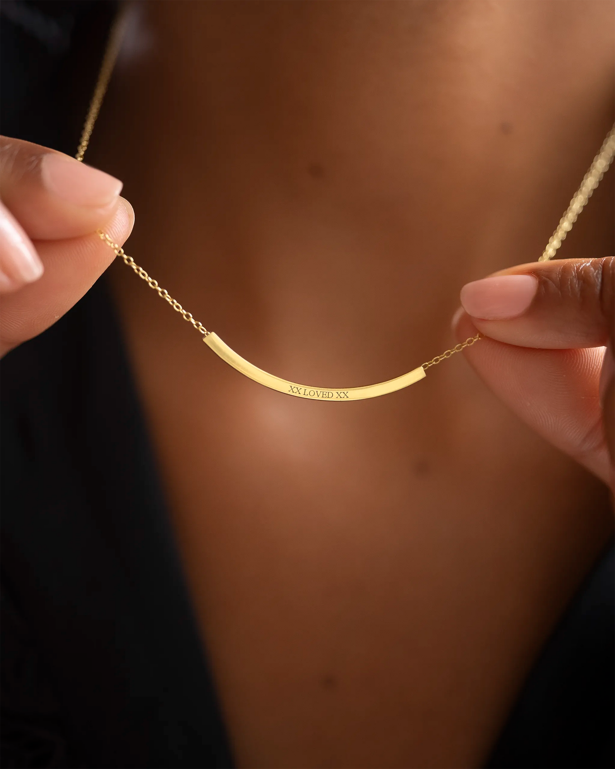 Gold Curved Skinny Bar Message Personalised Necklace