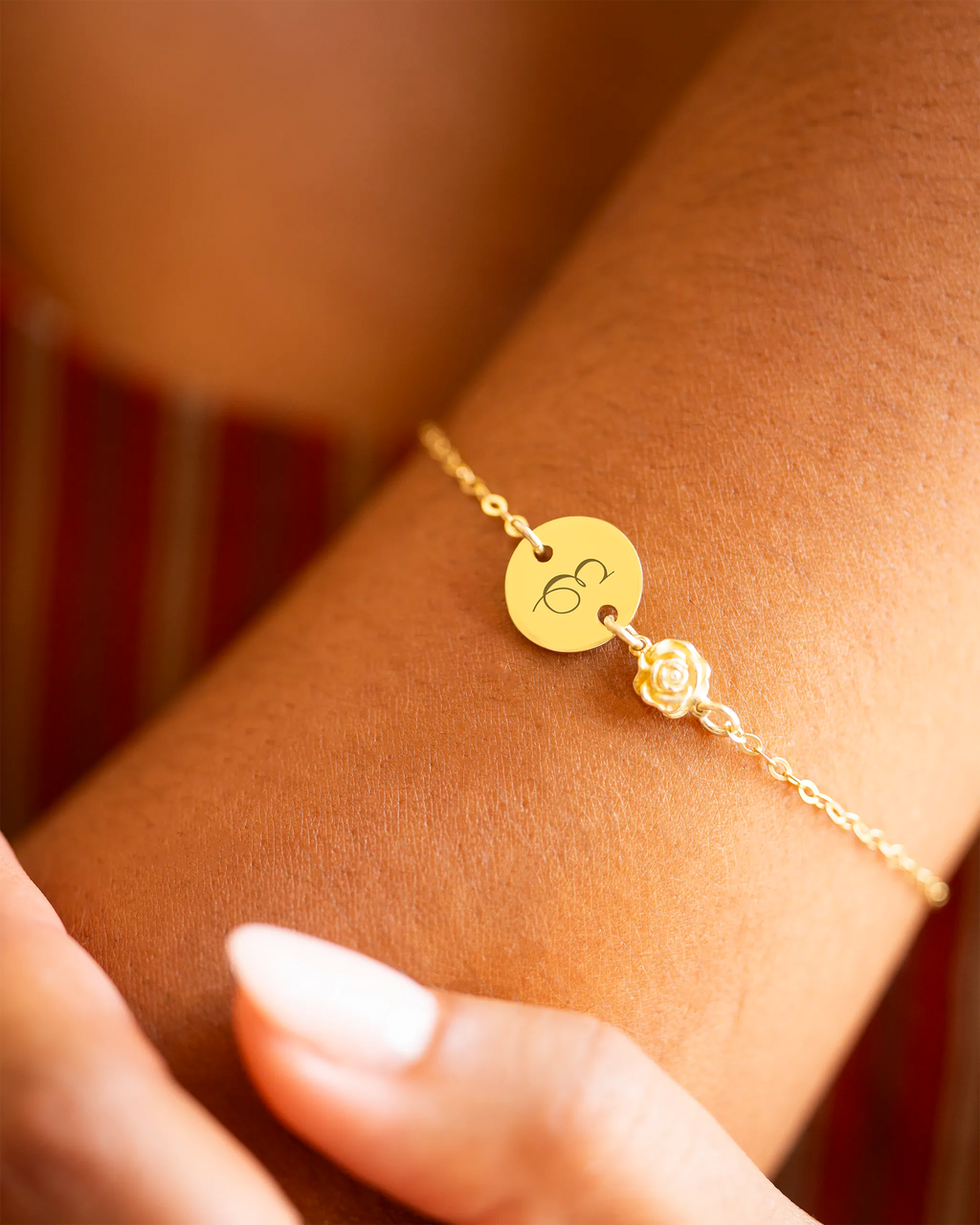 Gold Initial Disc and Birth Flower Personalised Bracelet