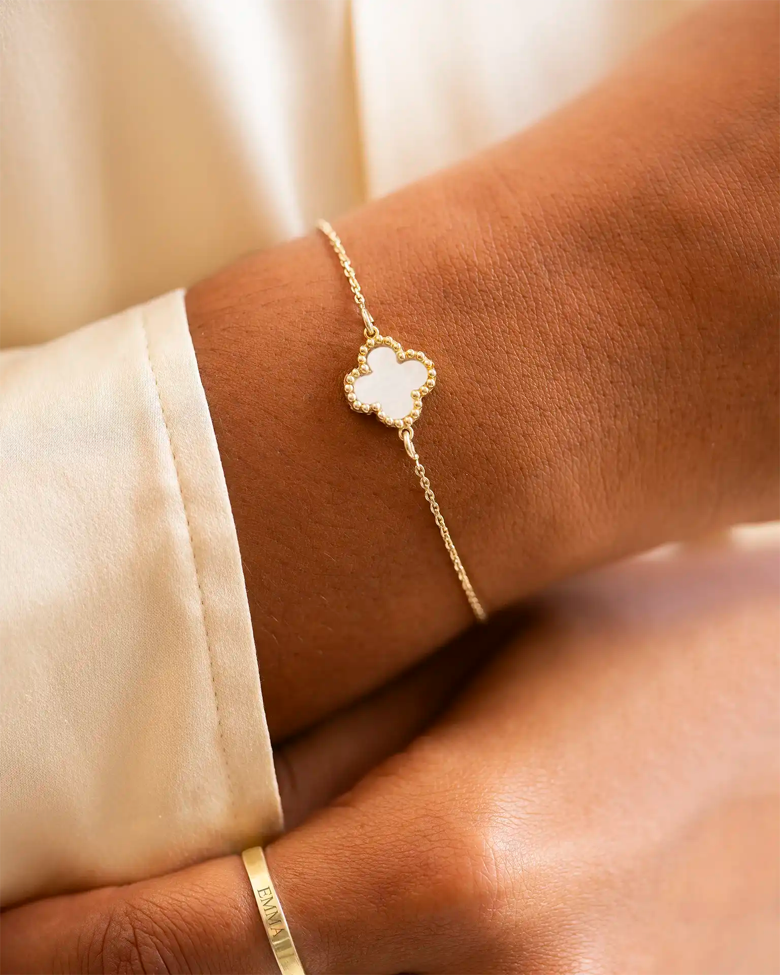 Gold Mother of Pearl Clover Slider Bracelet