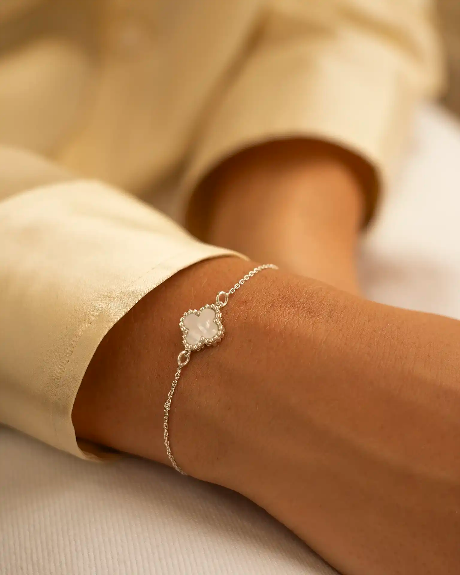 Silver Mother of Pearl Clover Slider Bracelet