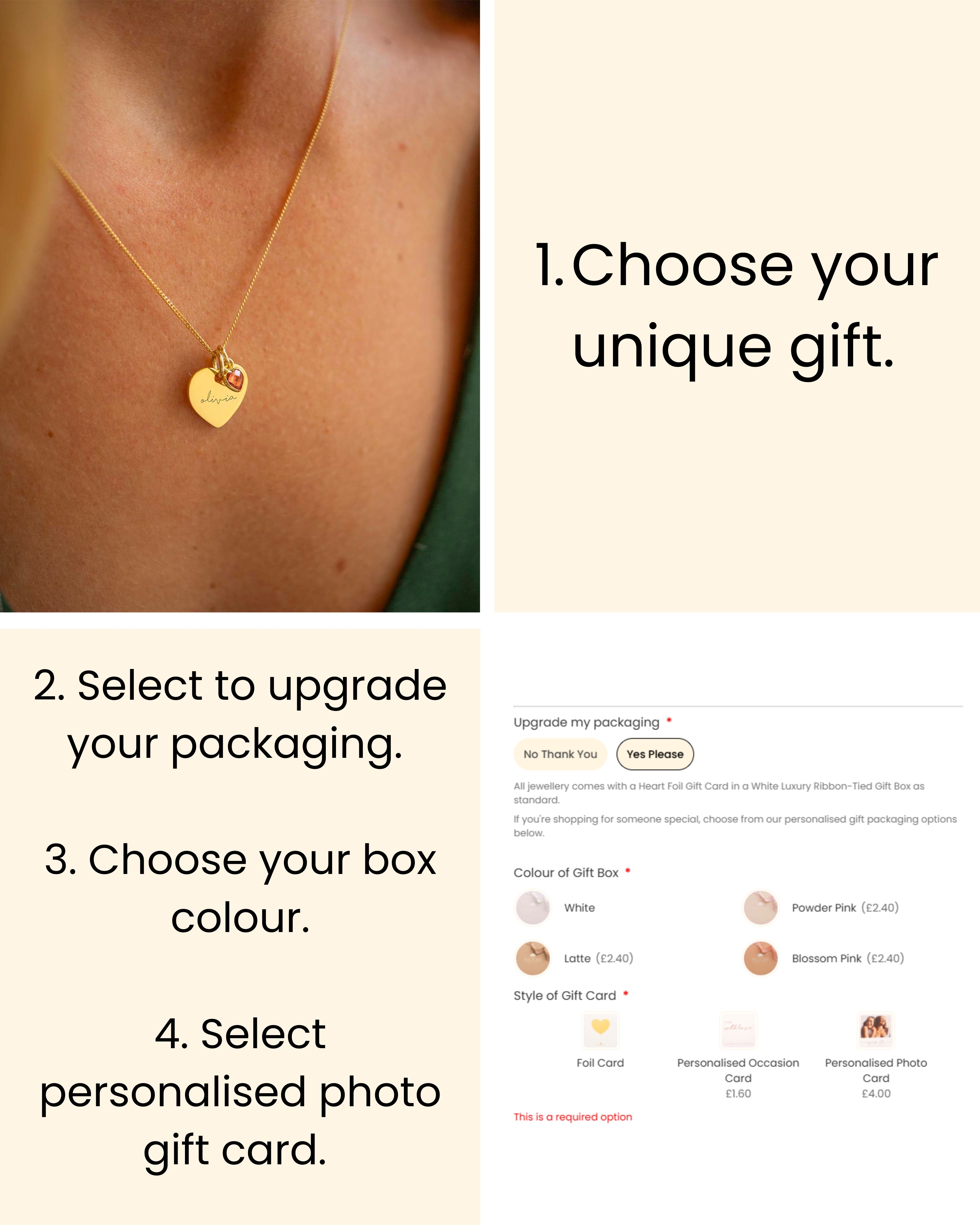 Gold necklace with heart pendant on a person's neck, next to text instructions for gift selection.