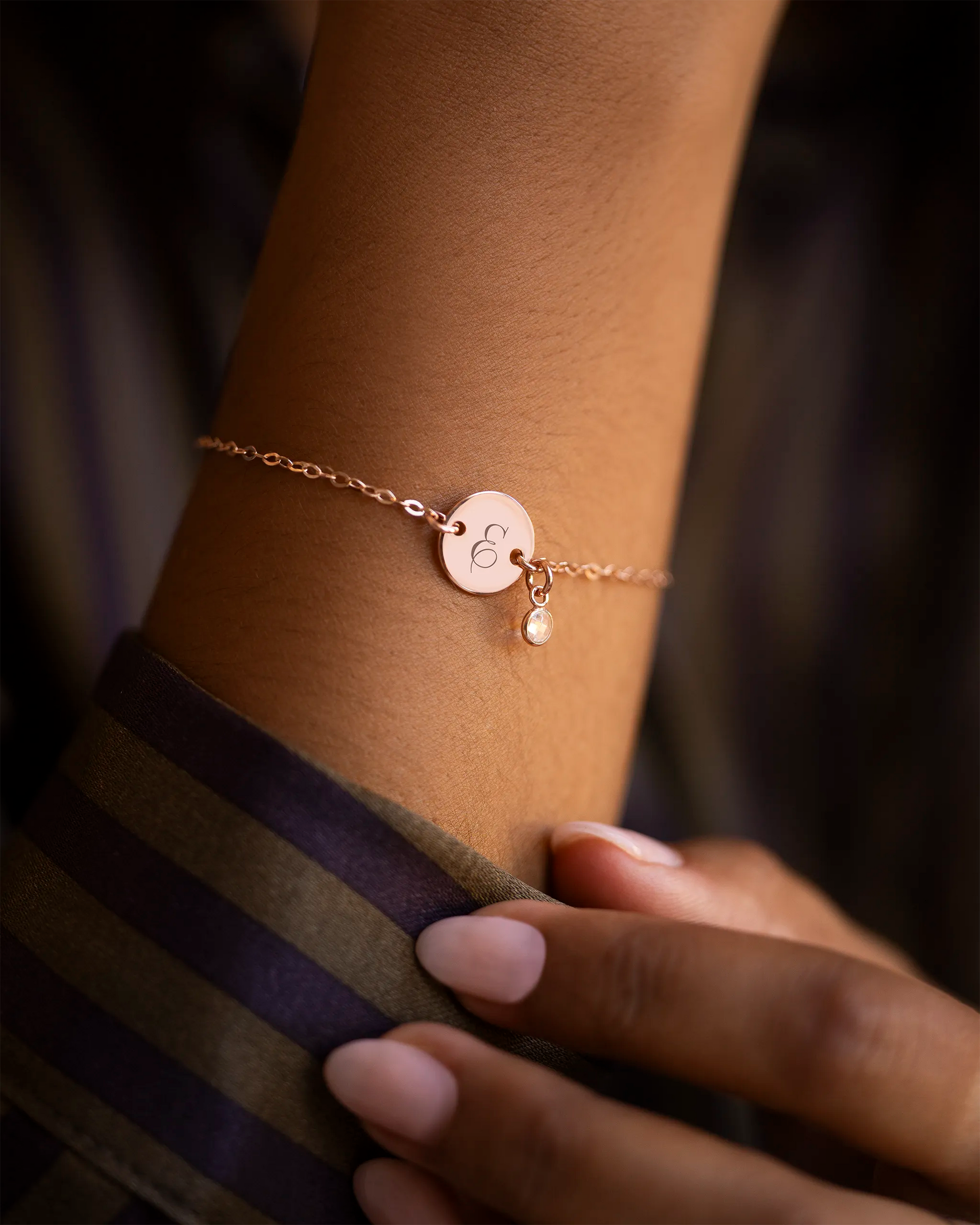 Rose Gold Disc And Micro Birthstone Personalised Bracelet