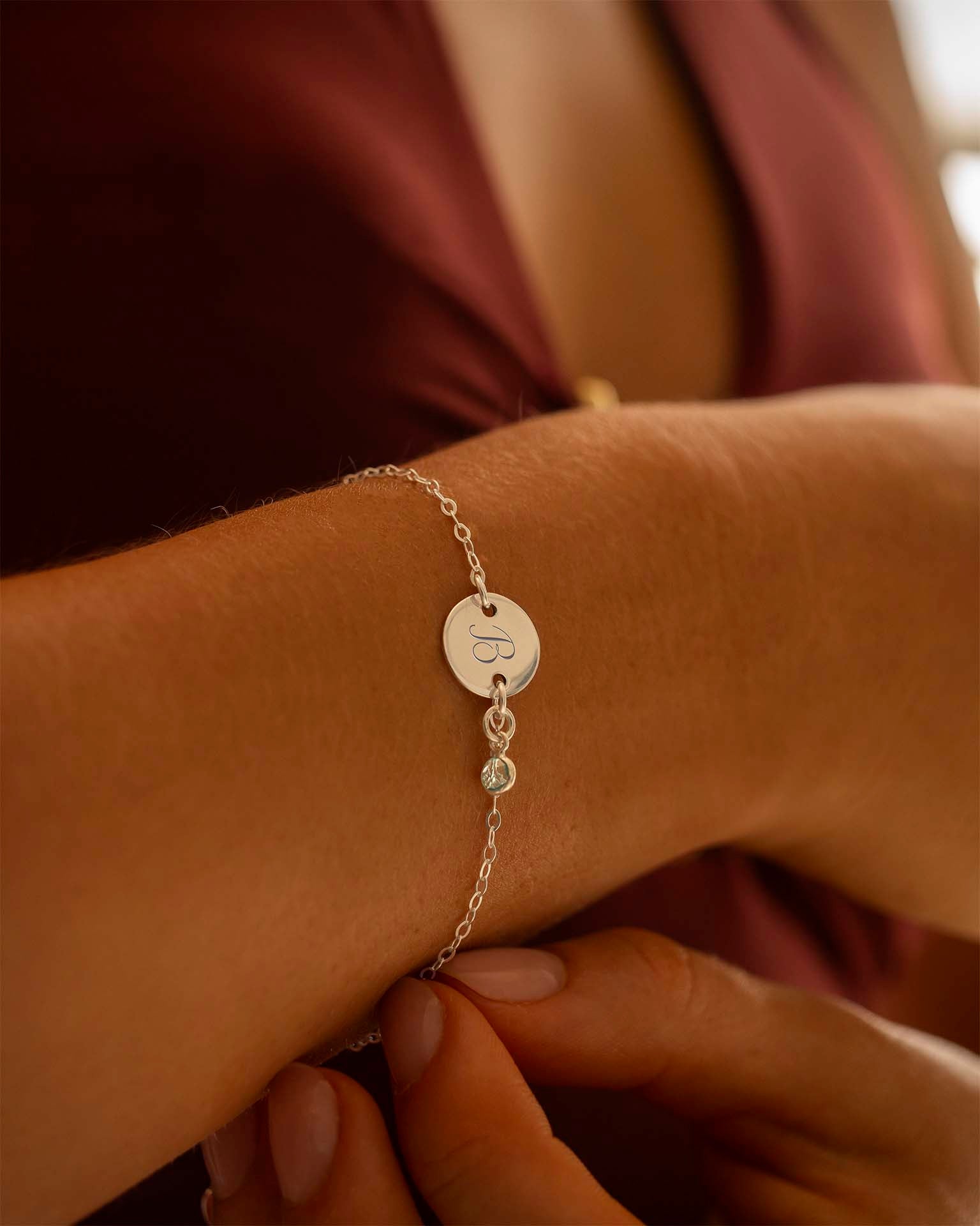 Silver Disc And Micro Birthstone Personalised Bracelet