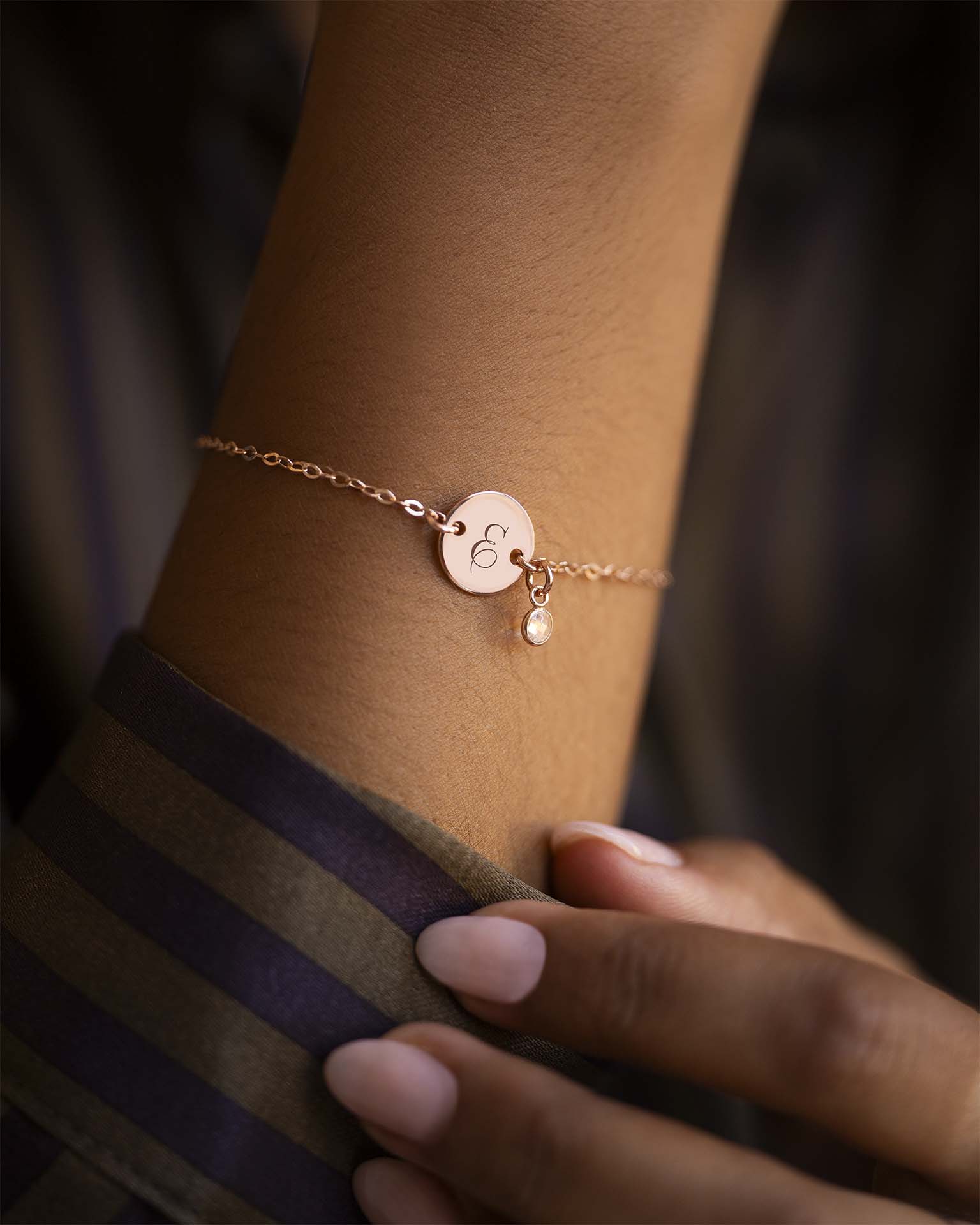 Rose Gold Disc And Micro Birthstone Personalised Bracelet