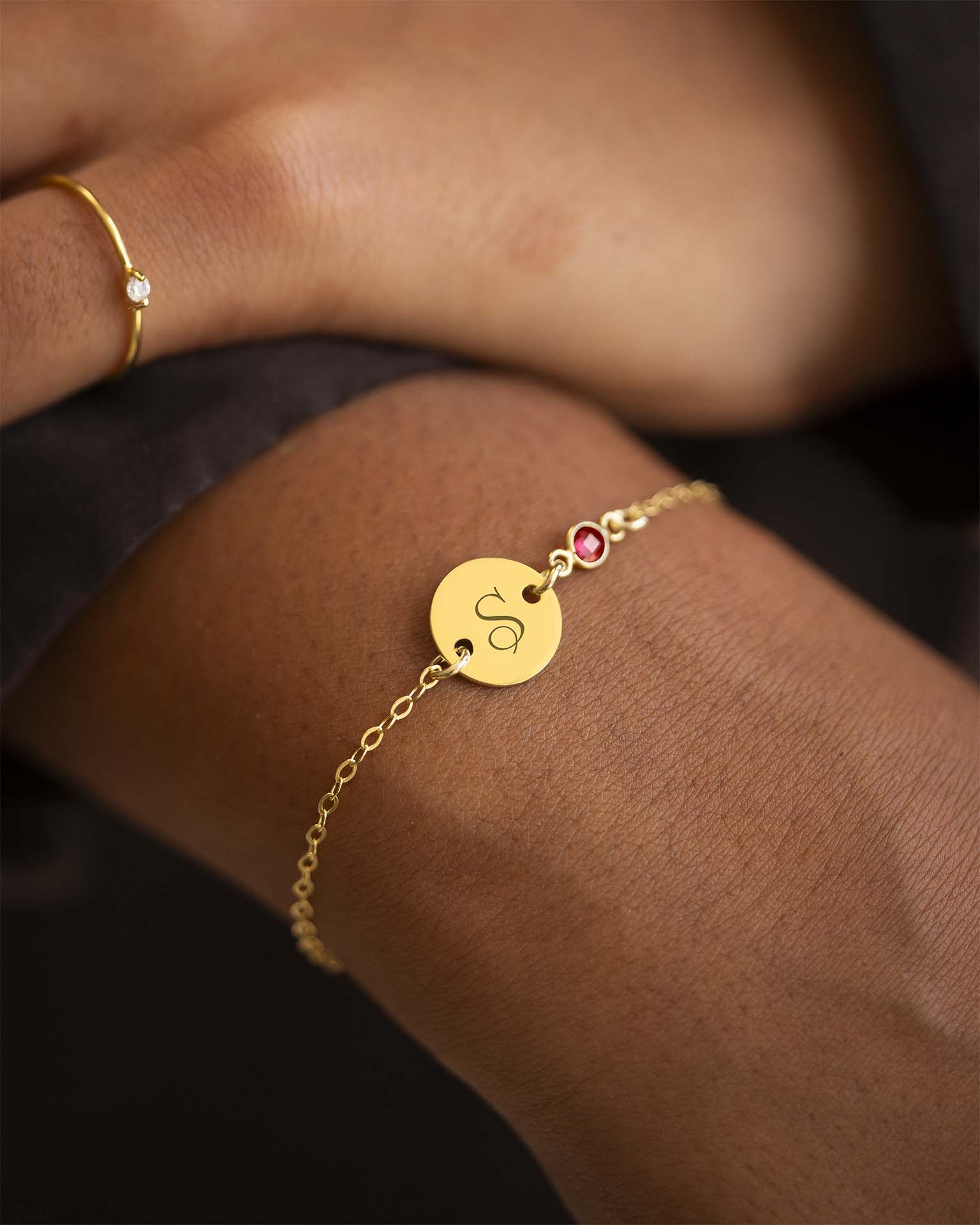 Gold Initial Disc and Birthstone Personalised Bracelet