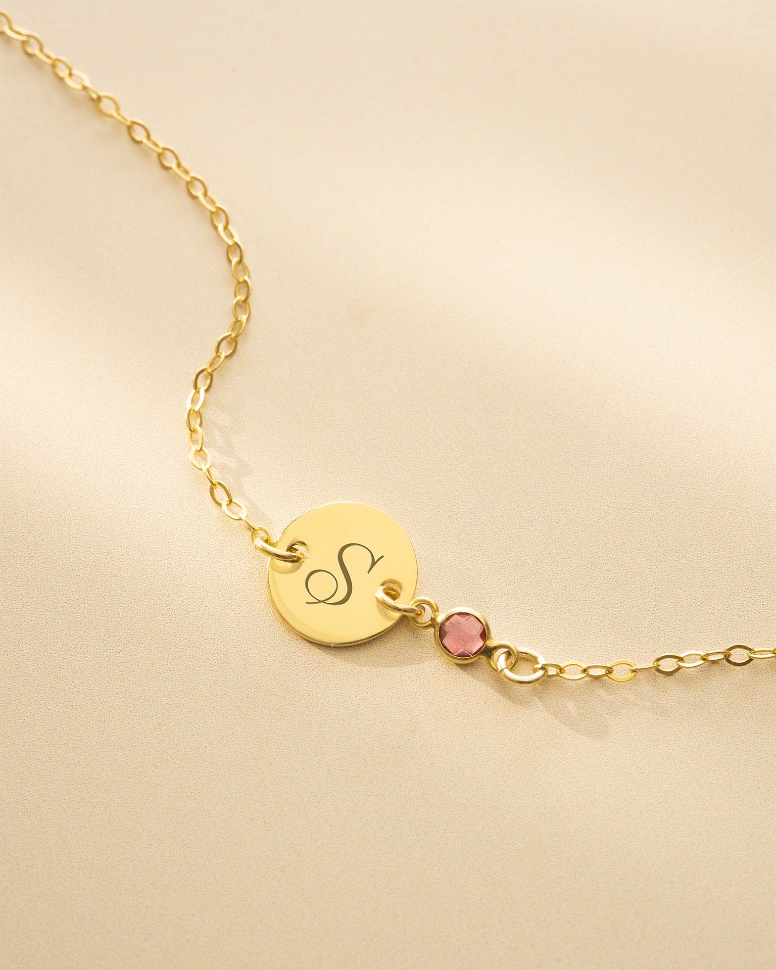Gold Initial Disc and Birthstone Personalised Bracelet