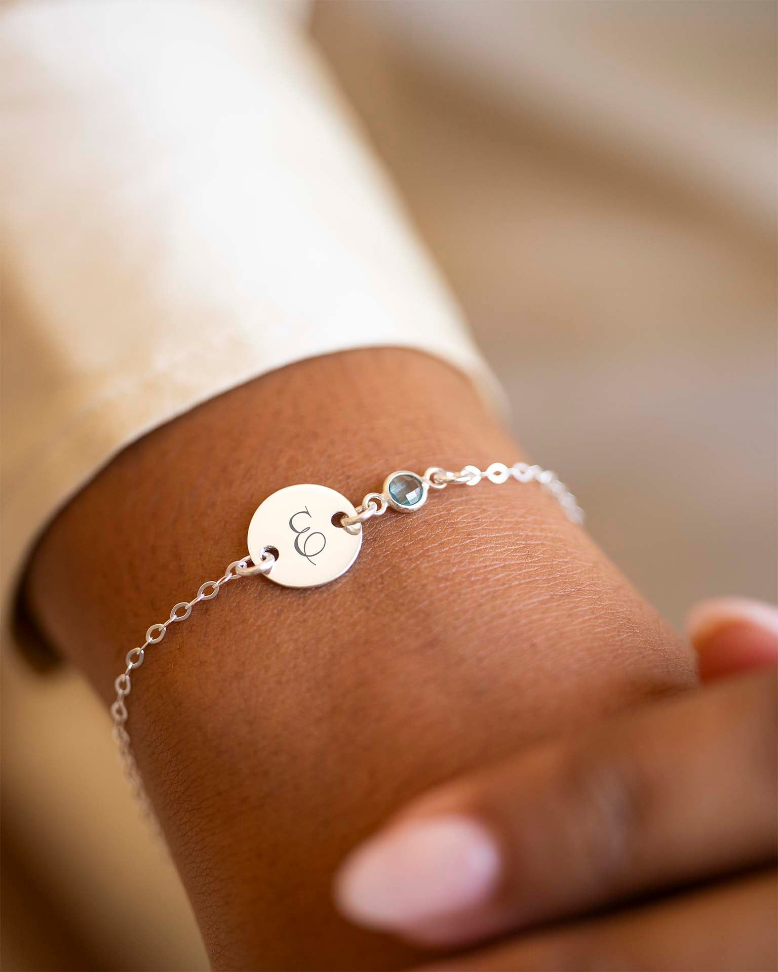 Silver Initial Disc and Birthstone Personalised Bracelet