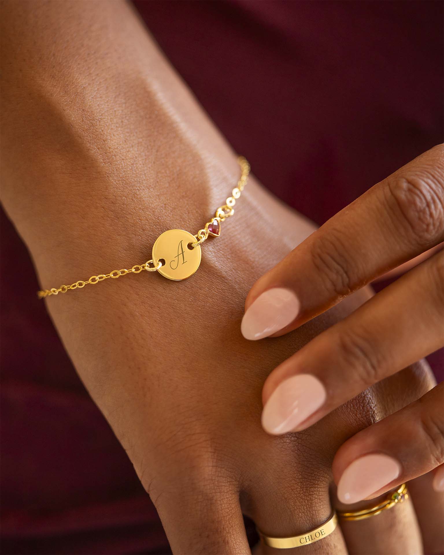 Gold Initial Disc and Heart Birthstone Personalised Bracelet