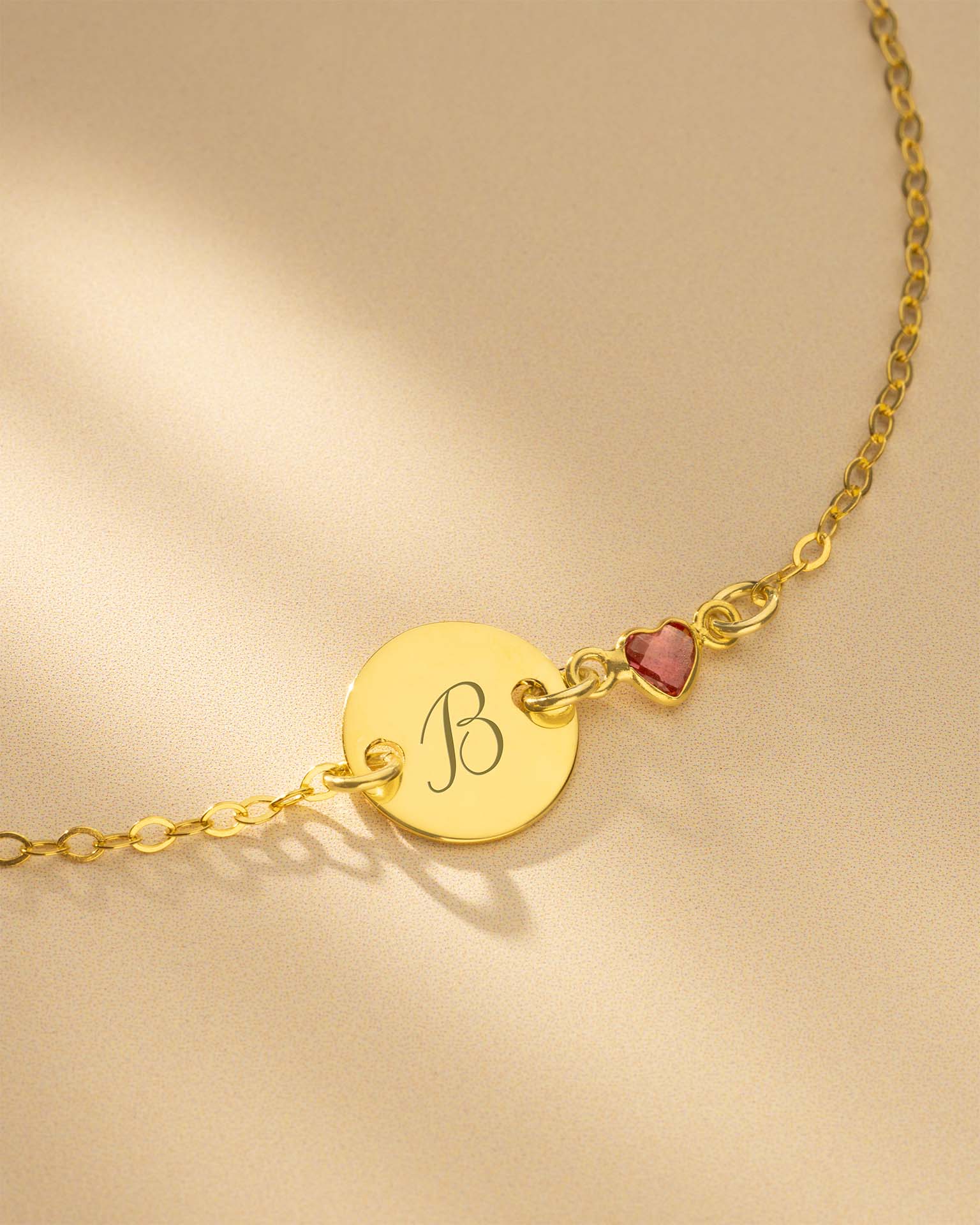 Gold Initial Disc and Heart Birthstone Personalised Bracelet