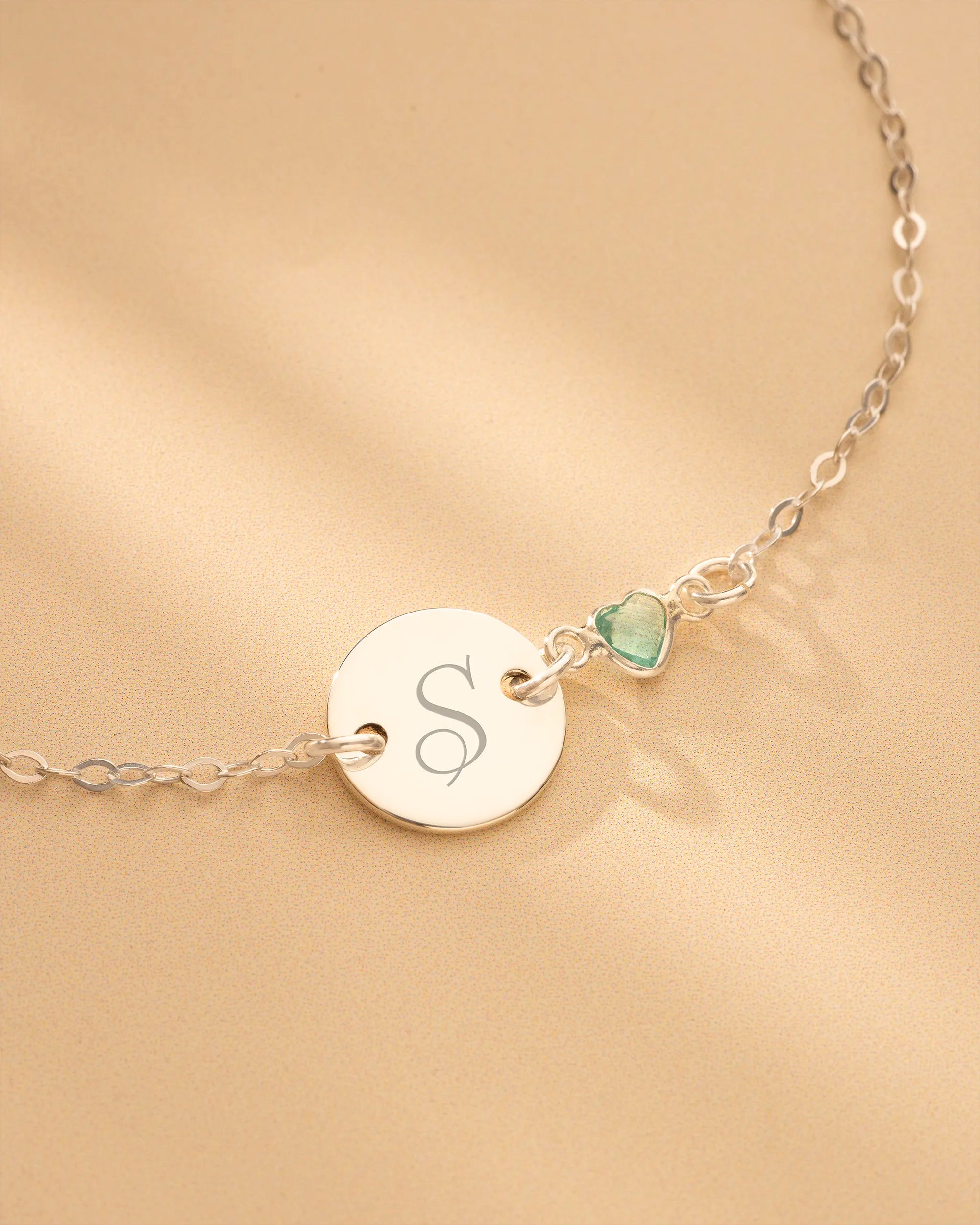 Silver Initial Disc and Heart Birthstone Personalised Bracelet