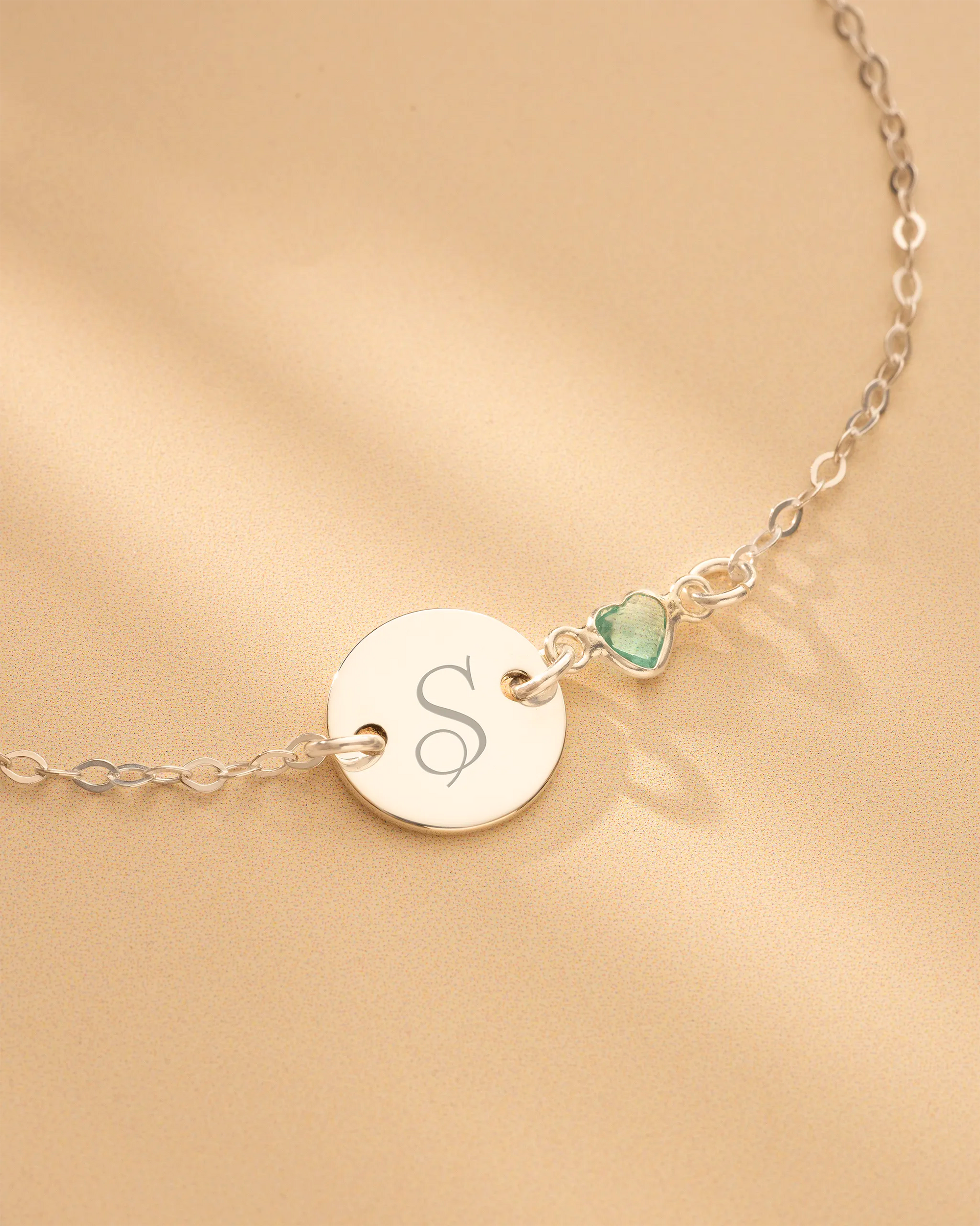 Silver Initial Disc and Heart Birthstone Personalised Bracelet