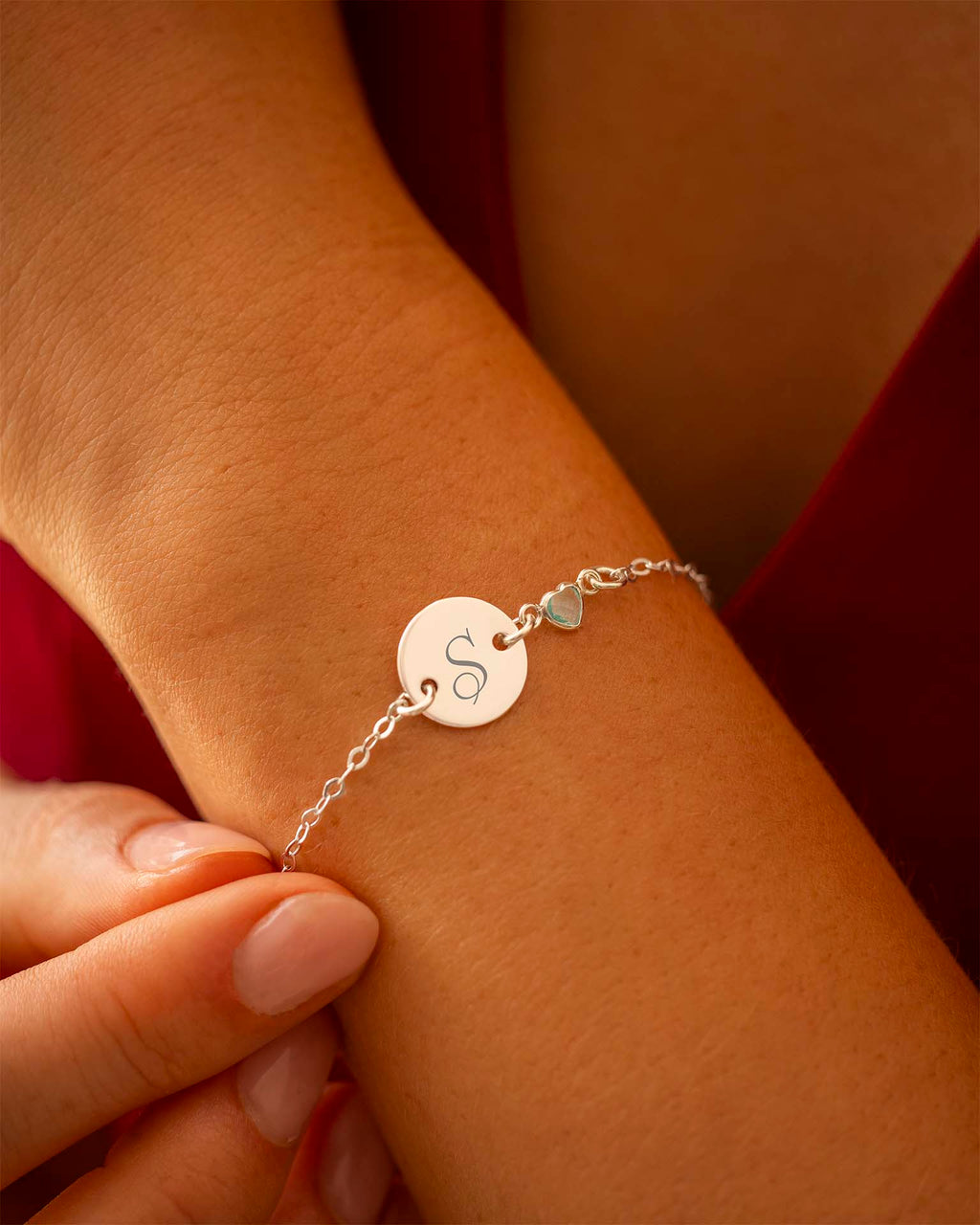 Silver Initial Disc and Heart Birthstone Personalised Bracelet
