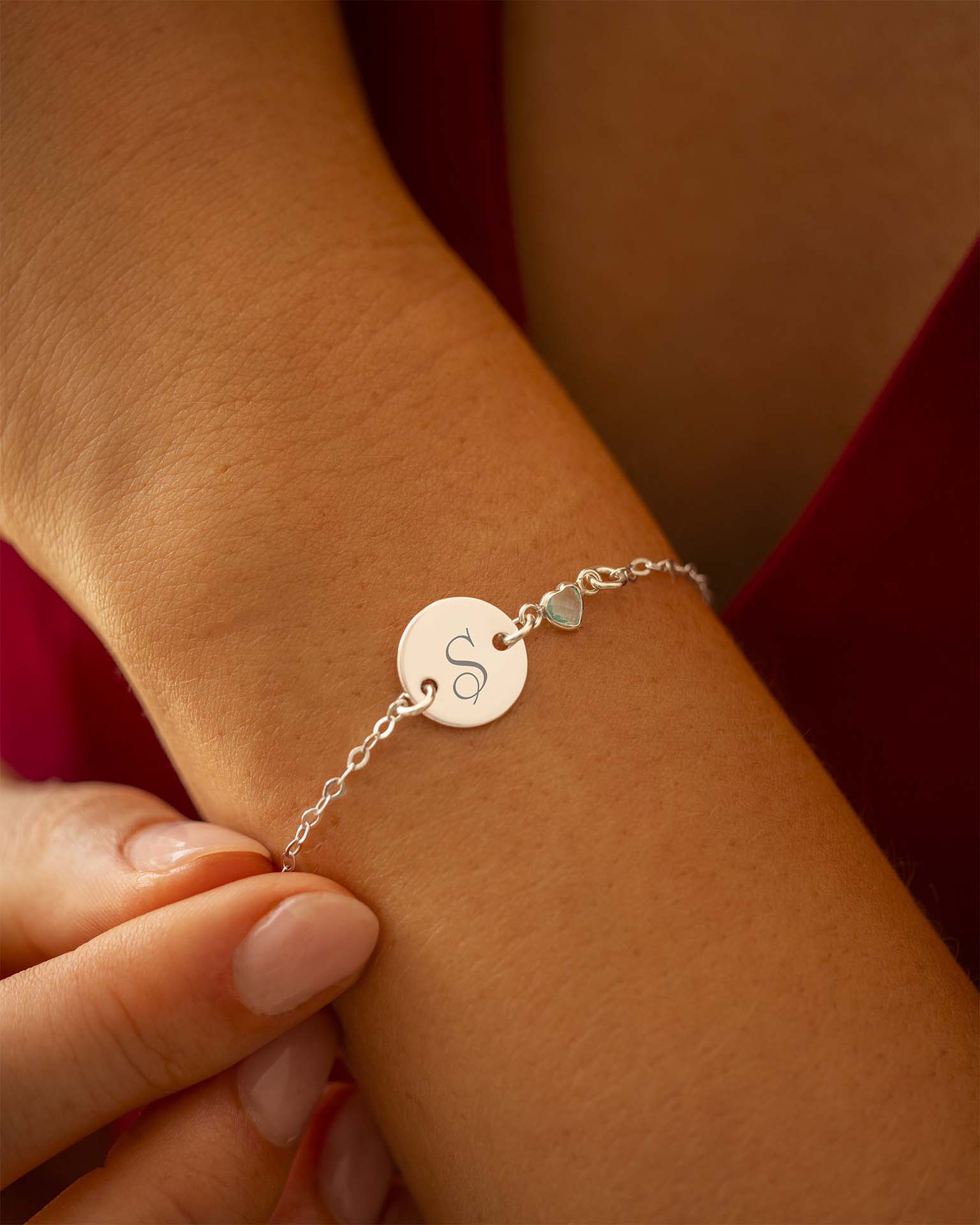 Silver Initial Disc and Heart Birthstone Personalised Bracelet