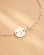 Silver Initial Disc and Heart Birthstone Personalised Bracelet