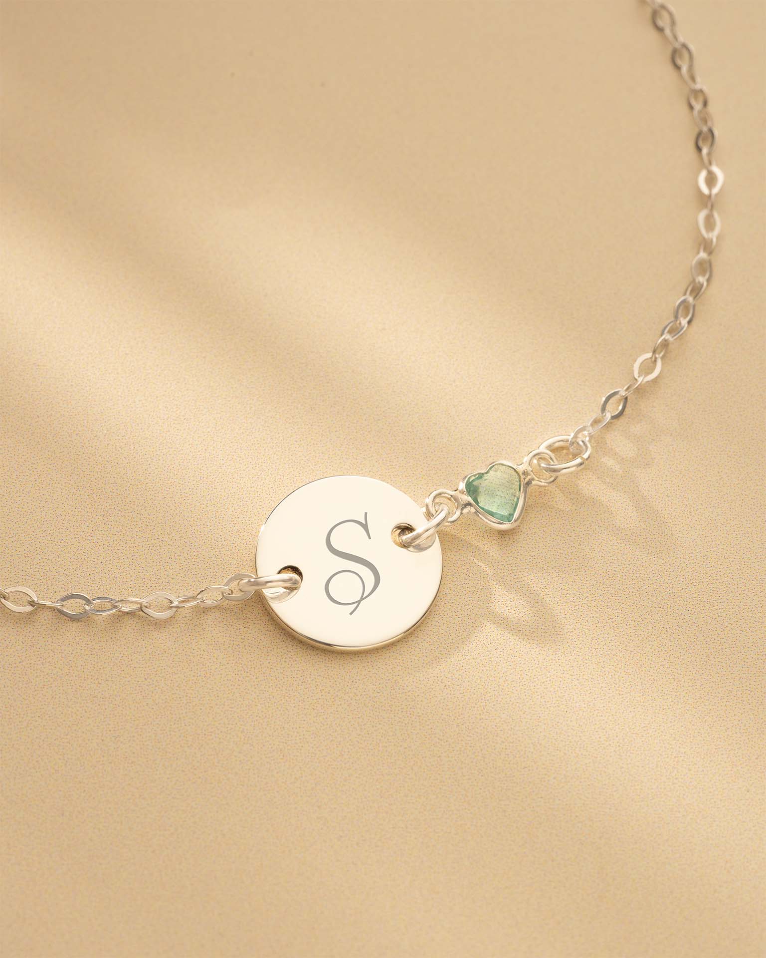 Silver Initial Disc and Heart Birthstone Personalised Bracelet