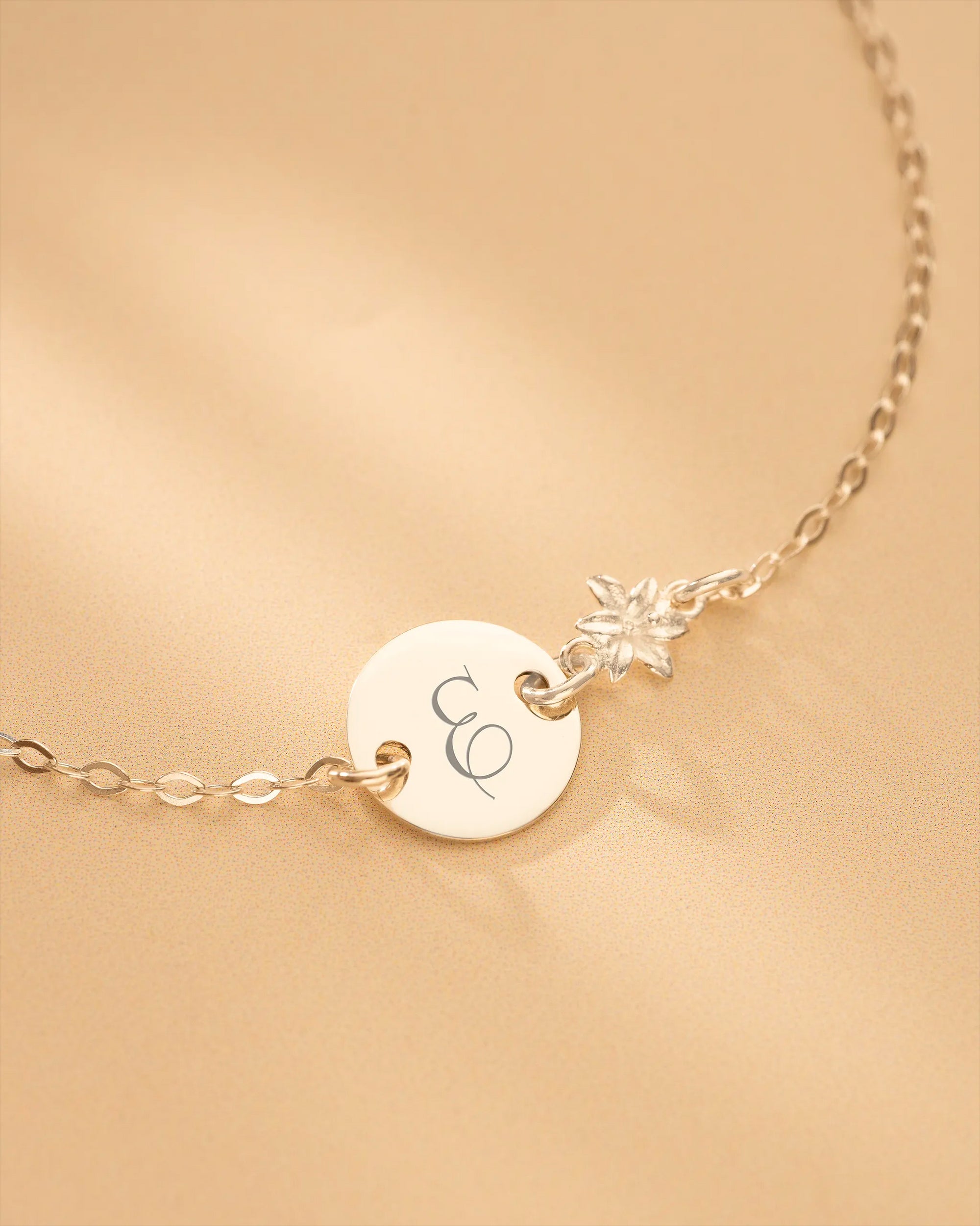 Silver Initial Disc and Birth Flower Personalised Bracelet